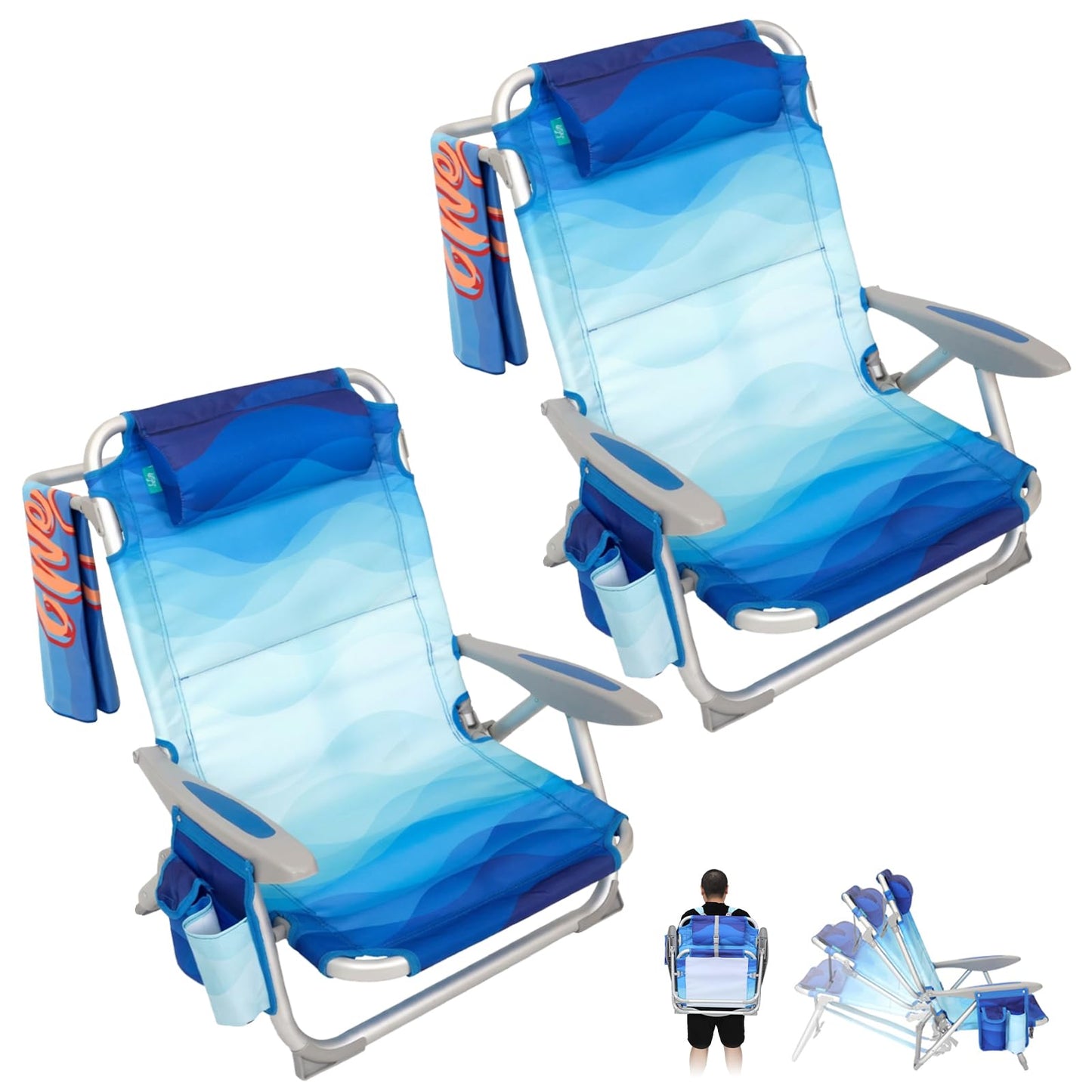 #WEJOY Beach Chair for Adults, Reclining Adjustable Position, Lay Flat Lightweight Folding Portable Aluminum Chair with Backpack Straps,Padded headrest, Heavy Duty 400 lbs Lawn Chair for Beach, Sand
