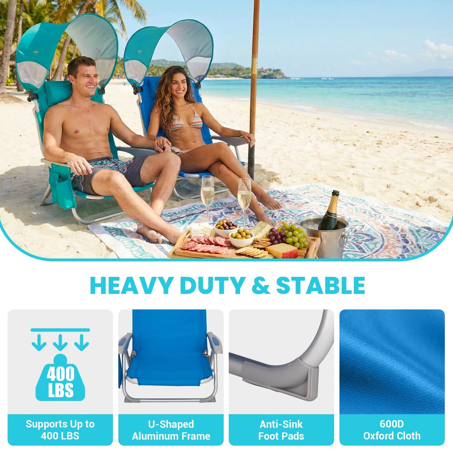 #WEJOY Beach Chair for Adults, Reclining Adjustable Position, Lay Flat Lightweight Folding Portable Aluminum Chair with Backpack Straps,Padded headrest, Heavy Duty 400 lbs Lawn Chair for Beach, Sand
