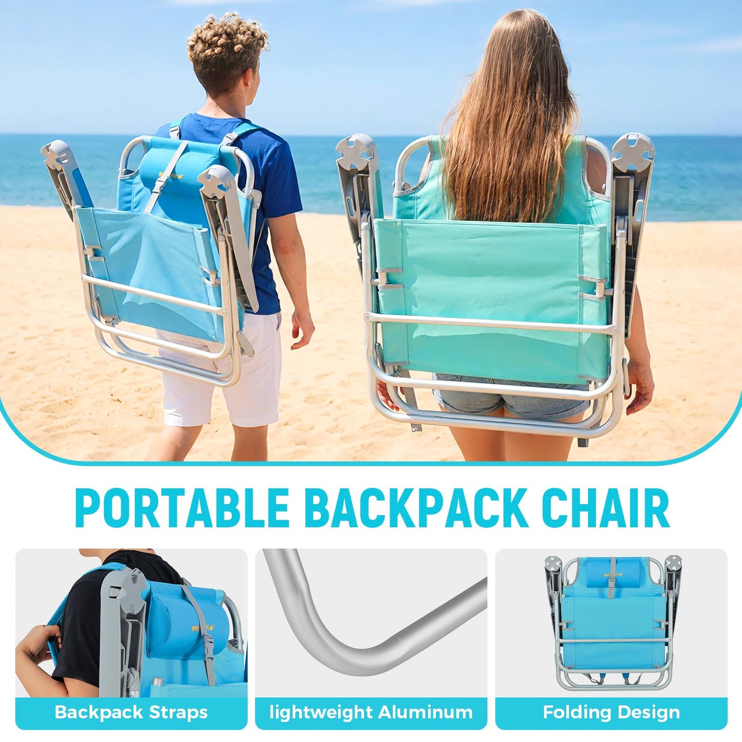#WEJOY Beach Chair for Adults, Reclining Adjustable Position, Lay Flat Lightweight Folding Portable Aluminum Chair with Backpack Straps,Padded headrest, Heavy Duty 400 lbs Lawn Chair for Beach, Sand
