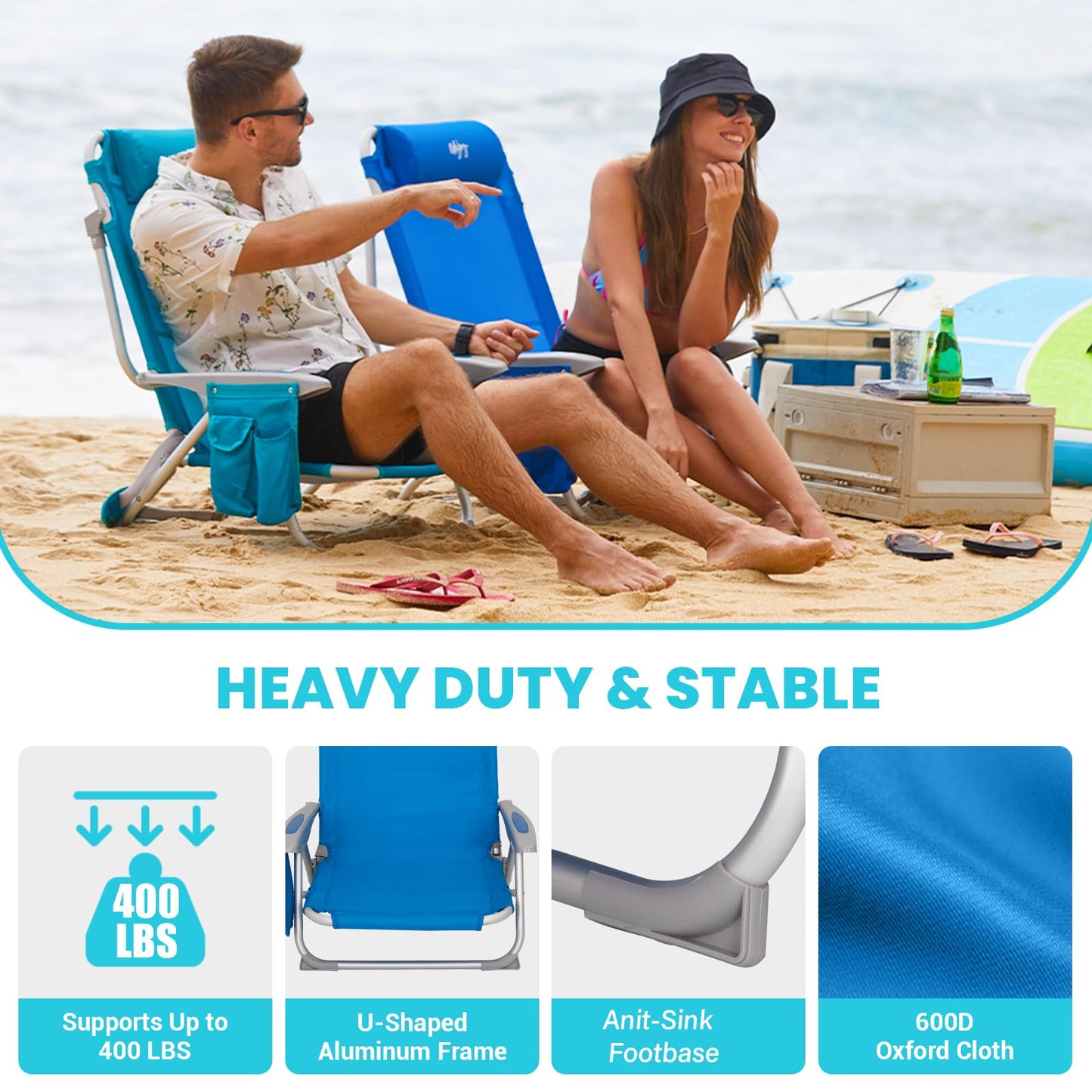 #WEJOY Beach Chair for Adults, Reclining Adjustable Position, Lay Flat Lightweight Folding Portable Aluminum Chair with Backpack Straps,Padded headrest, Heavy Duty 400 lbs Lawn Chair for Beach, Sand