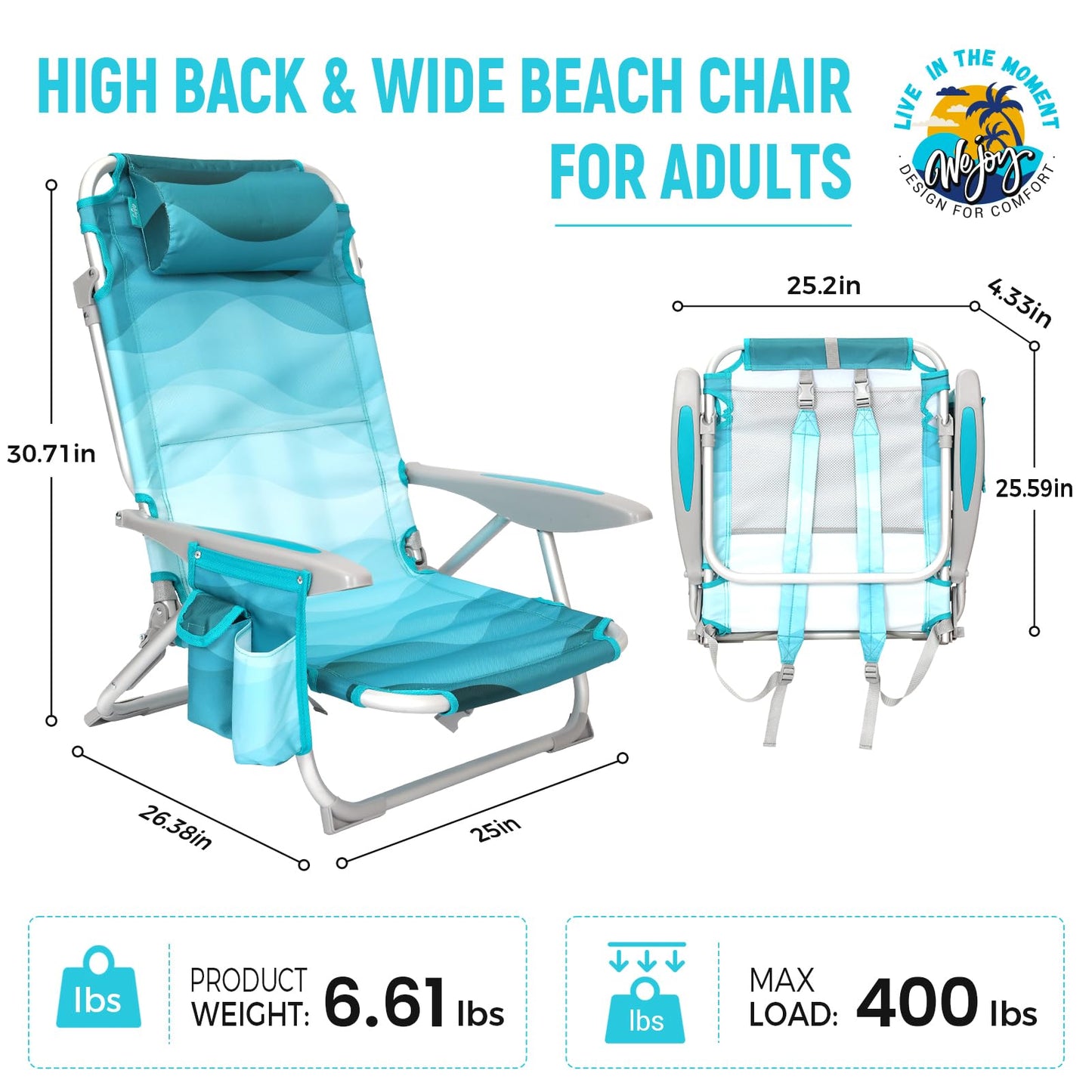#WEJOY Beach Chair for Adults, Reclining Adjustable Position, Lay Flat Lightweight Folding Portable Aluminum Chair with Backpack Straps,Padded headrest, Heavy Duty 400 lbs Lawn Chair for Beach, Sand