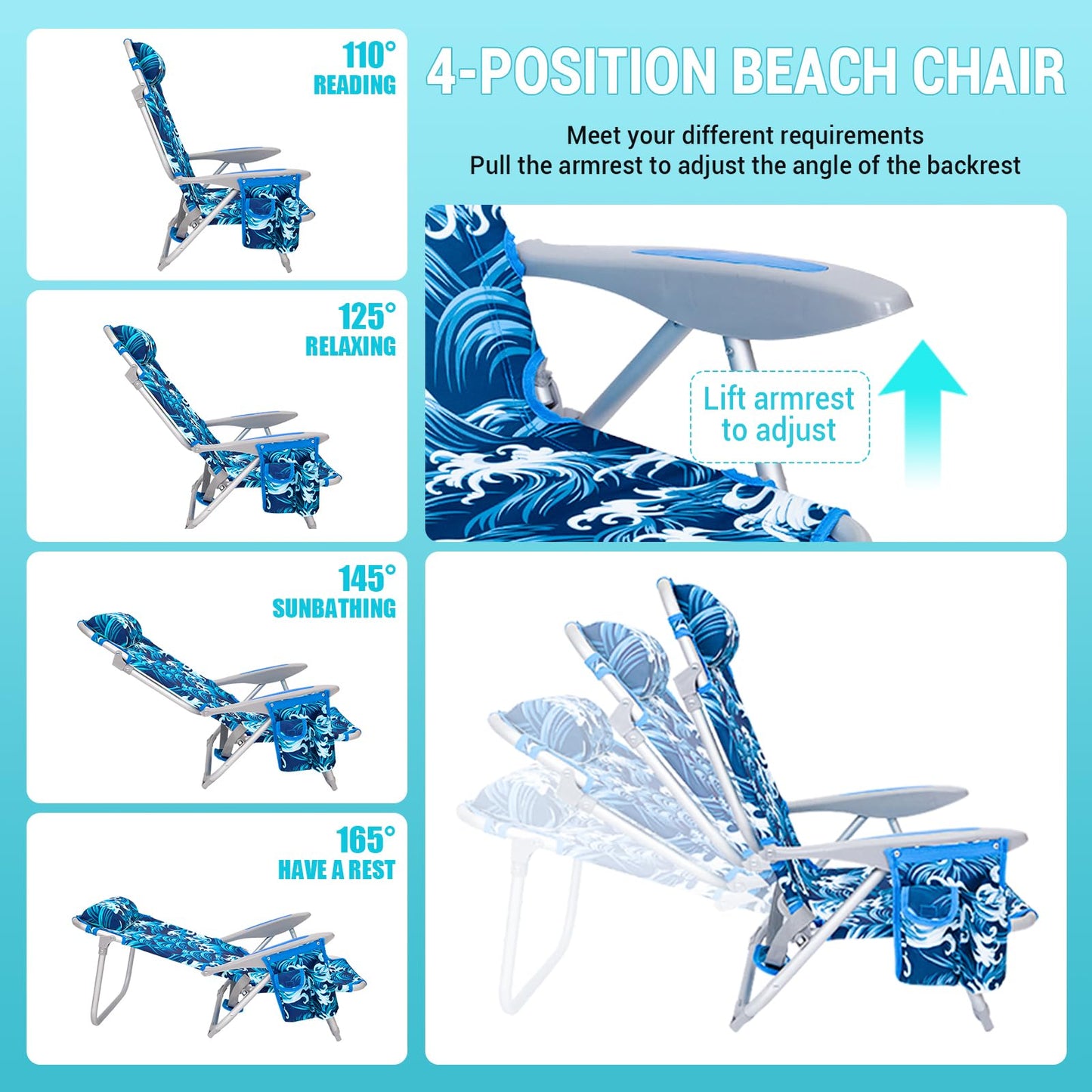 #WEJOY Beach Chair for Adults, Reclining Adjustable Position, Lay Flat Lightweight Folding Portable Aluminum Chair with Backpack Straps,Padded headrest, Heavy Duty 400 lbs Lawn Chair for Beach, Sand