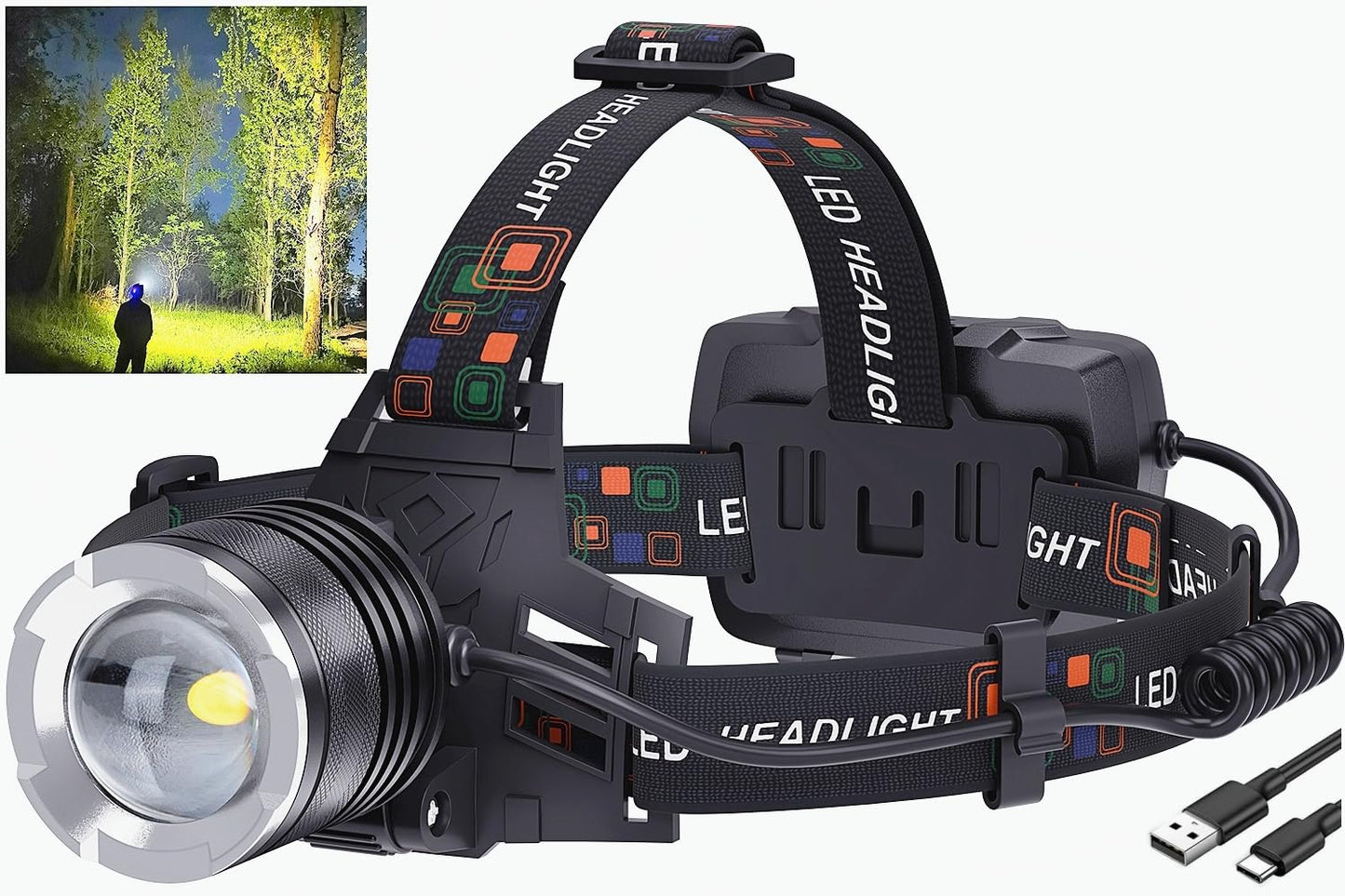 Rechargeable LED Headlamp — Adjustable Focus, IPX6, 5 Modes (BERCOL)