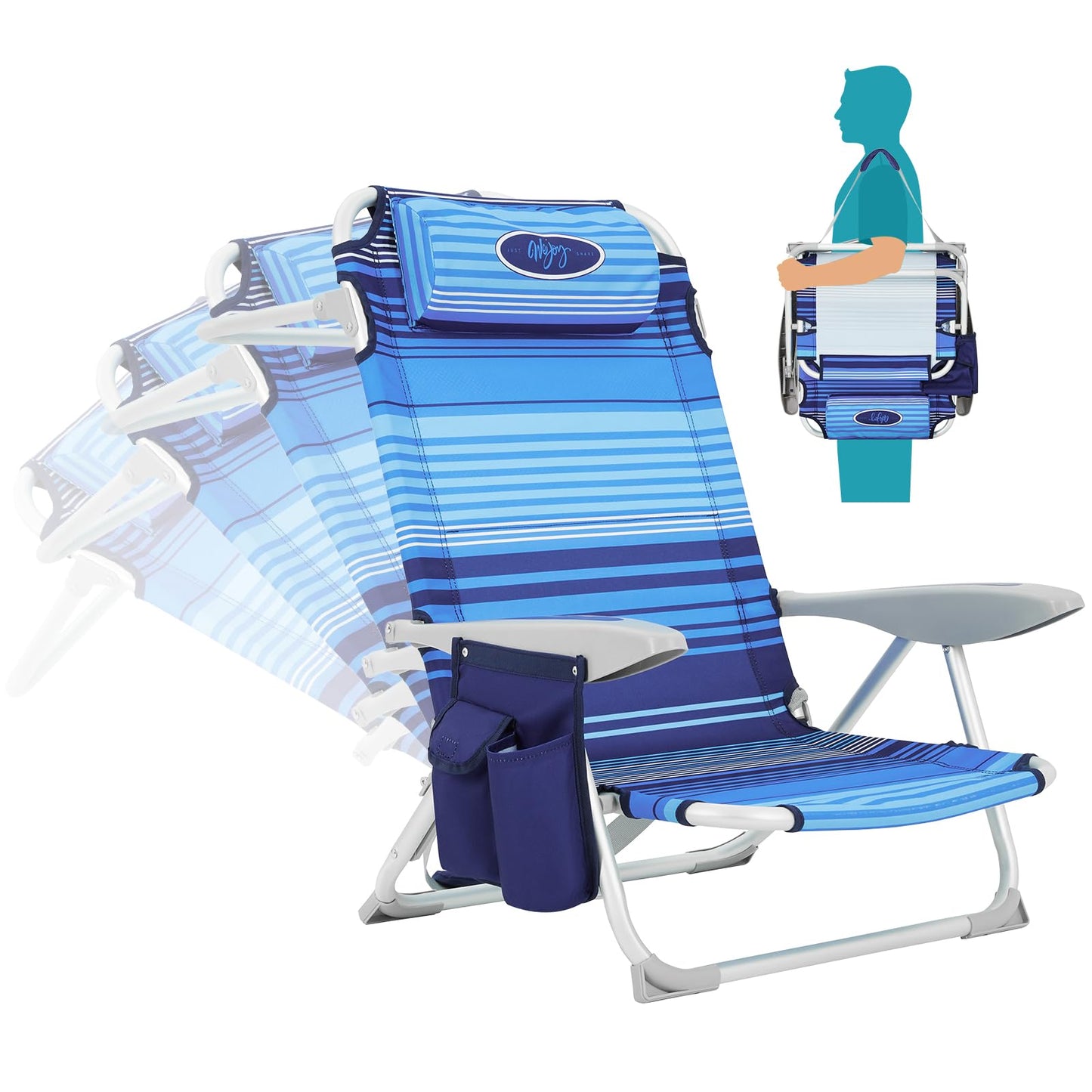 #WEJOY Beach Chair for Adults, Reclining Adjustable Position, Lay Flat Lightweight Folding Portable Aluminum Chair with Backpack Straps,Padded headrest, Heavy Duty 400 lbs Lawn Chair for Beach, Sand