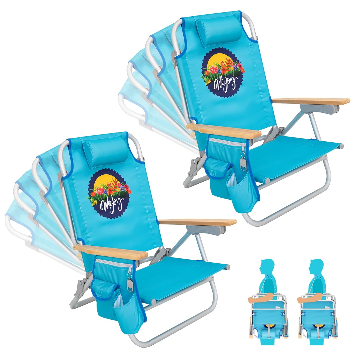#WEJOY Beach Chair for Adults, Reclining Adjustable Position, Lay Flat Lightweight Folding Portable Aluminum Chair with Backpack Straps,Padded headrest, Heavy Duty 400 lbs Lawn Chair for Beach, Sand