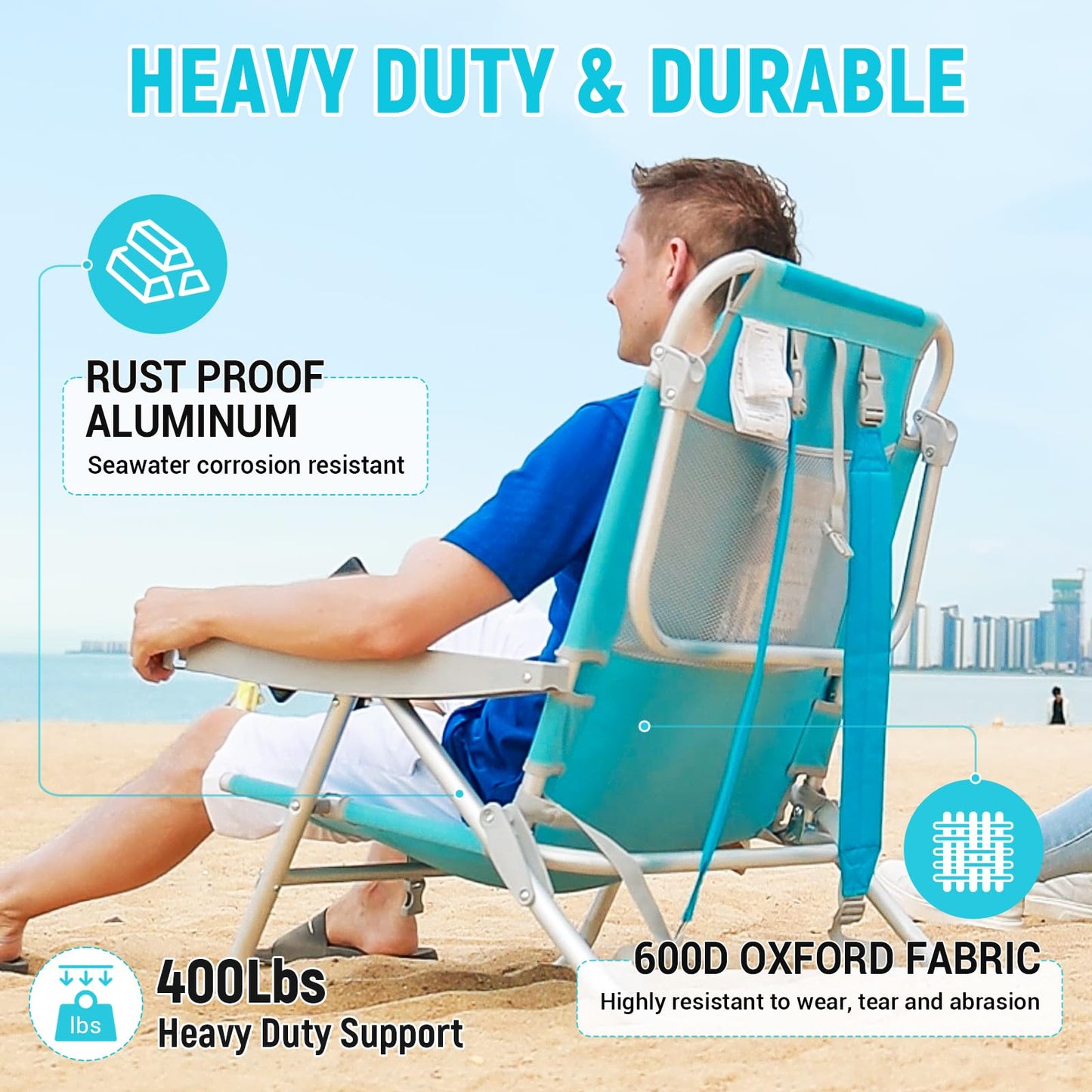 #WEJOY Beach Chair for Adults, Reclining Adjustable Position, Lay Flat Lightweight Folding Portable Aluminum Chair with Backpack Straps,Padded headrest, Heavy Duty 400 lbs Lawn Chair for Beach, Sand