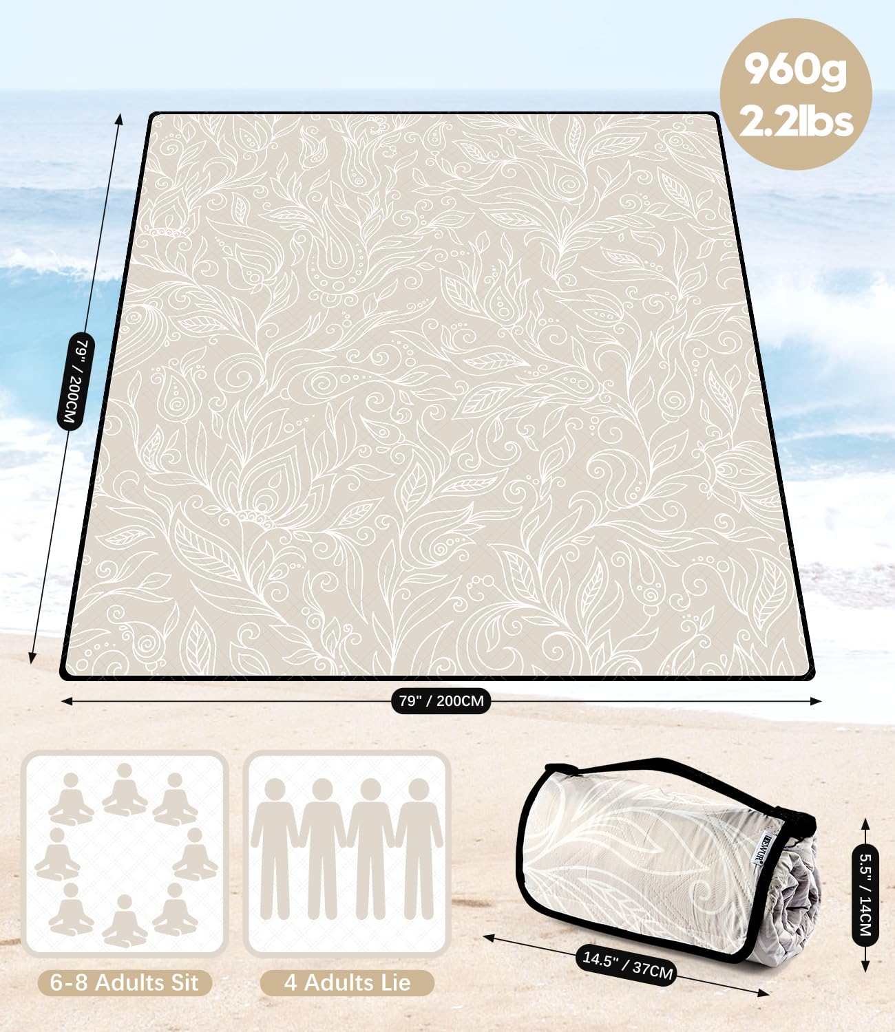 Picnic Blankets 79"x79" Extra Large Outdoor Blanket Beach Blanket Waterproof SandProof Picnic Mat Washable Foldable Portable for Grass Lawn Beach Camping (White with Flowers)