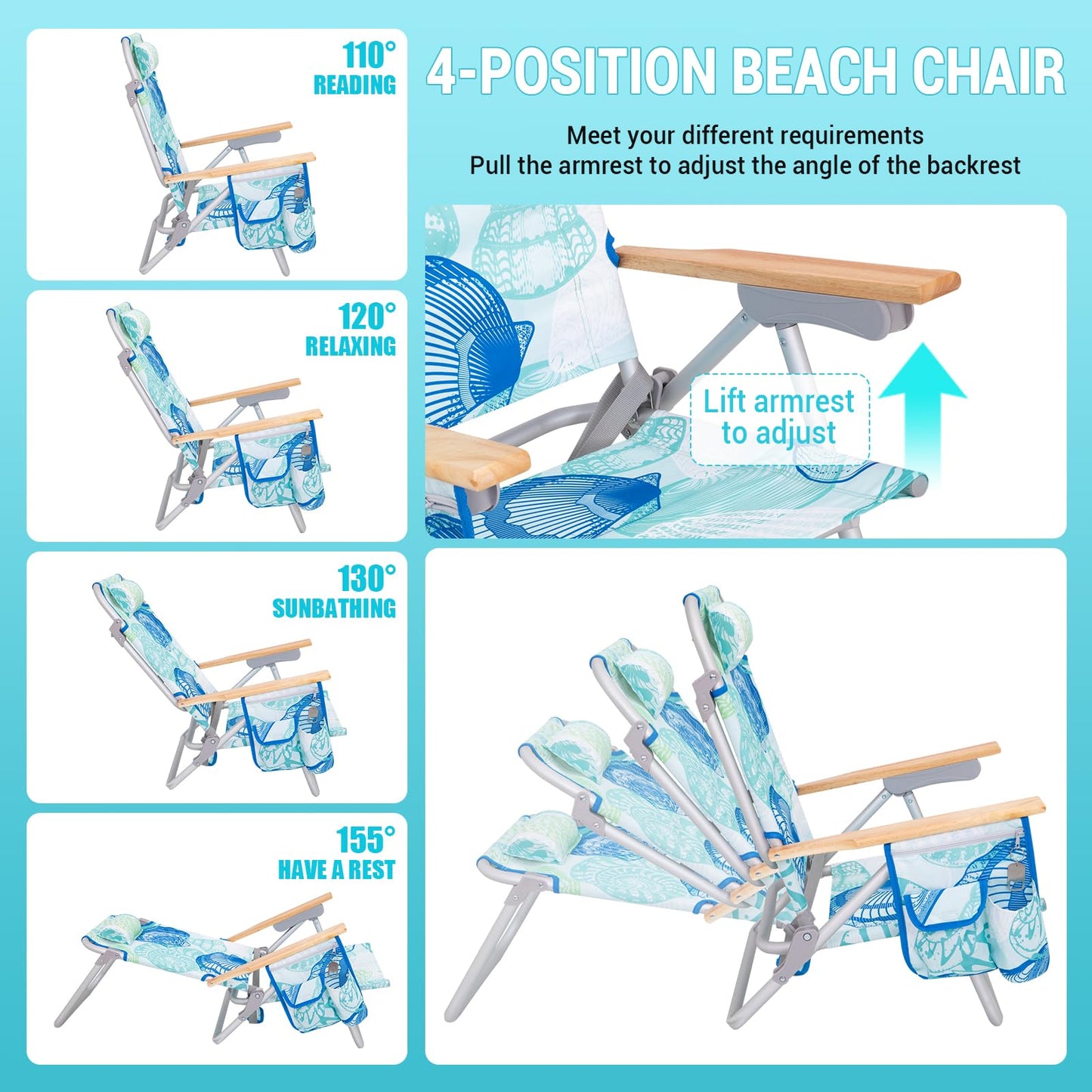 #WEJOY Beach Chair for Adults, Reclining Adjustable Position, Lay Flat Lightweight Folding Portable Aluminum Chair with Backpack Straps,Padded headrest, Heavy Duty 400 lbs Lawn Chair for Beach, Sand