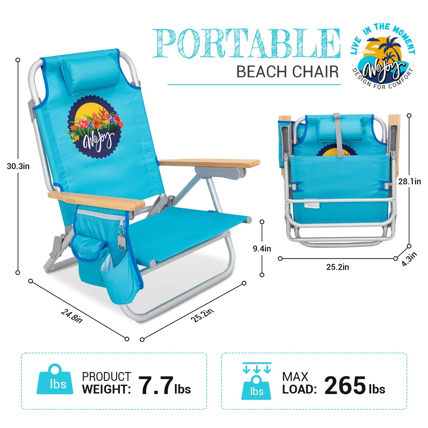 #WEJOY Beach Chair for Adults, Reclining Adjustable Position, Lay Flat Lightweight Folding Portable Aluminum Chair with Backpack Straps,Padded headrest, Heavy Duty 400 lbs Lawn Chair for Beach, Sand
