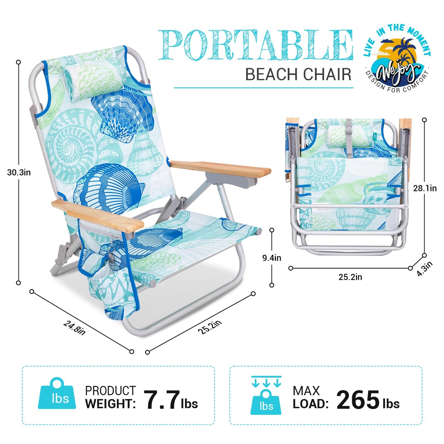 #WEJOY Beach Chair for Adults, Reclining Adjustable Position, Lay Flat Lightweight Folding Portable Aluminum Chair with Backpack Straps,Padded headrest, Heavy Duty 400 lbs Lawn Chair for Beach, Sand