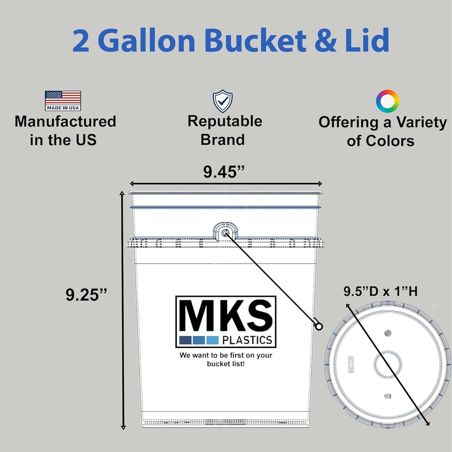 2-Gallon Bucket with Airtight Lid – Made in USA, Food Grade BPA Free Plastic, Heavy Duty Multi-Use, Metal Handle with Grip, Stackable Storage – White, 1 Pack