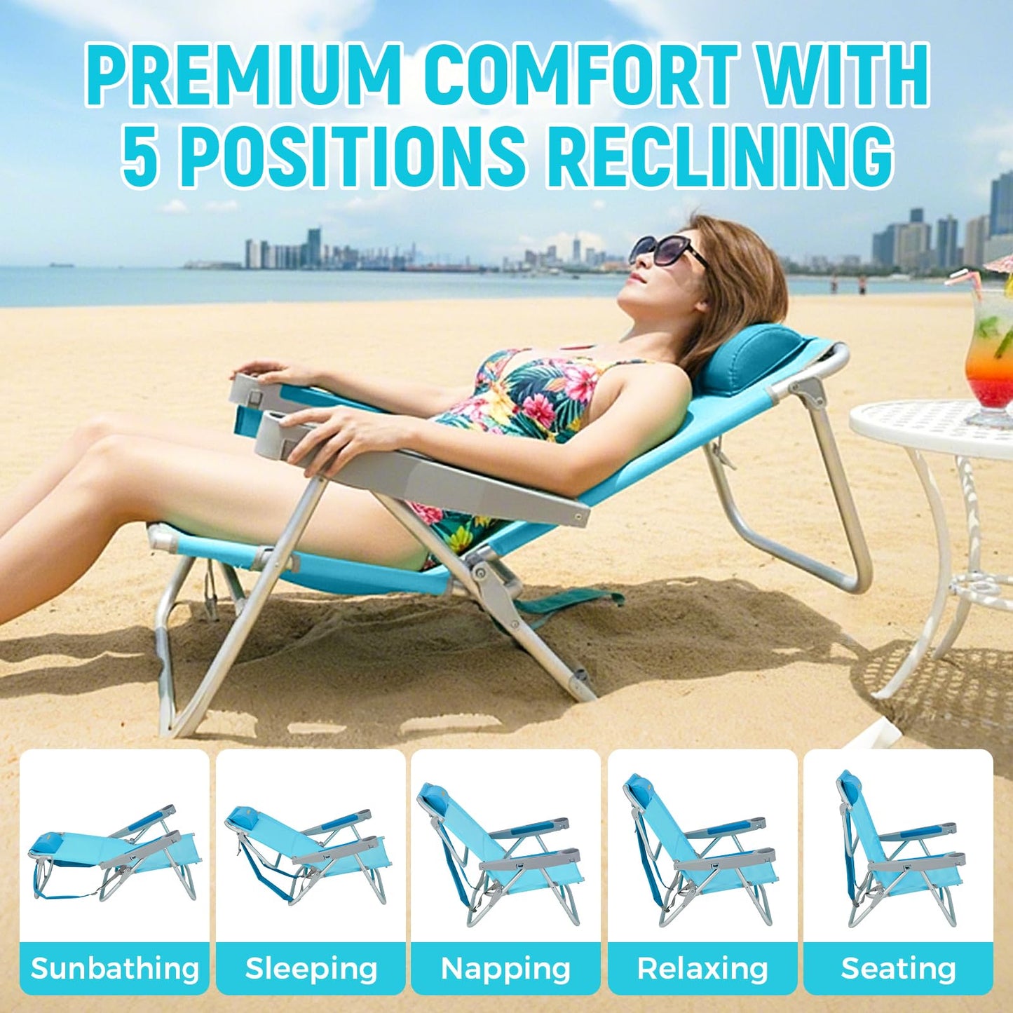 #WEJOY Beach Chair for Adults, Reclining Adjustable Position, Lay Flat Lightweight Folding Portable Aluminum Chair with Backpack Straps,Padded headrest, Heavy Duty 400 lbs Lawn Chair for Beach, Sand
