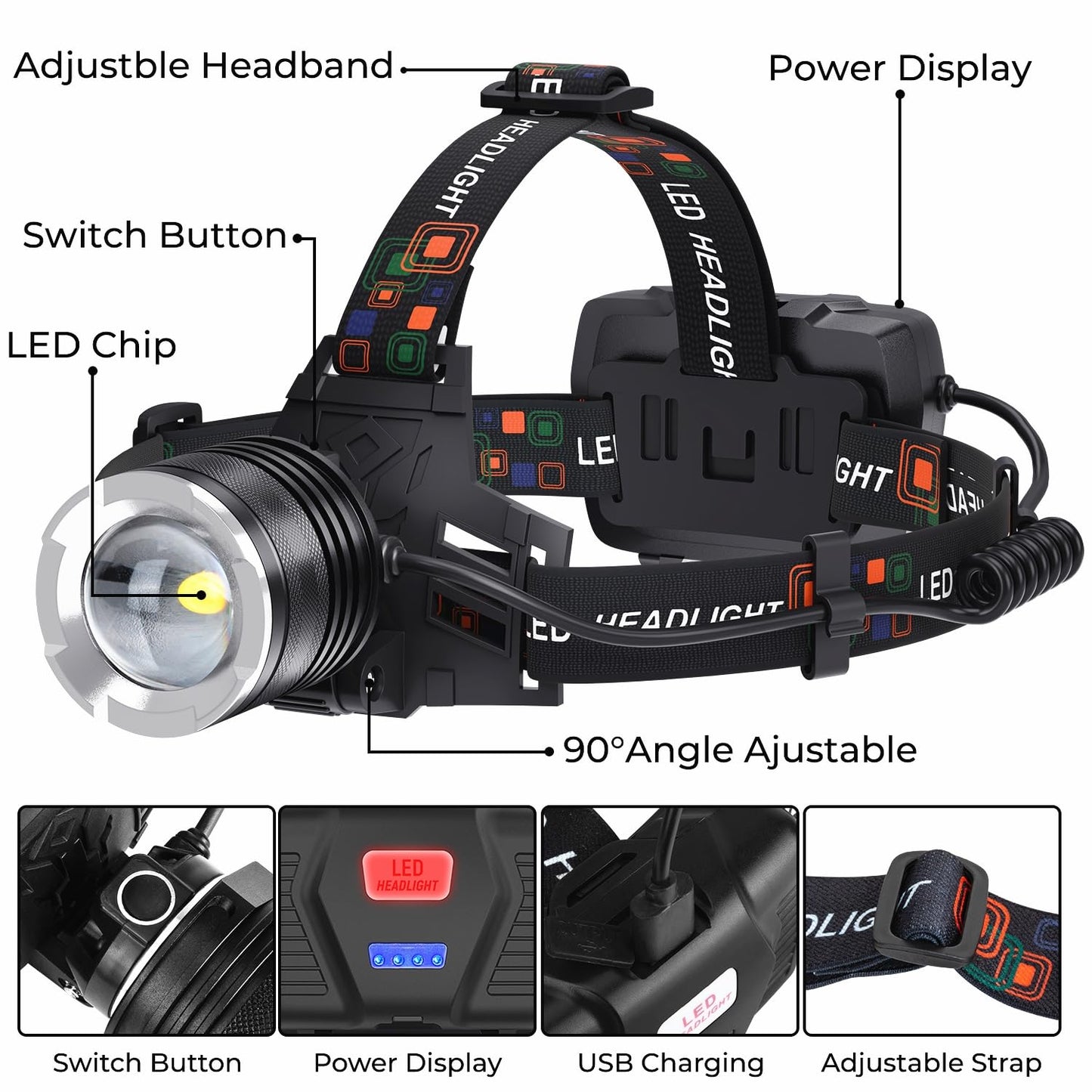 LED Rechargeable Headlamp, 99,000 Lumens Head Lamps (Include Βattery) Super Bright Long Distance Headlamps with 5 Mode Waterproof, 90° Adjustable Head Lights for Forehead Adults Outdoor Camping