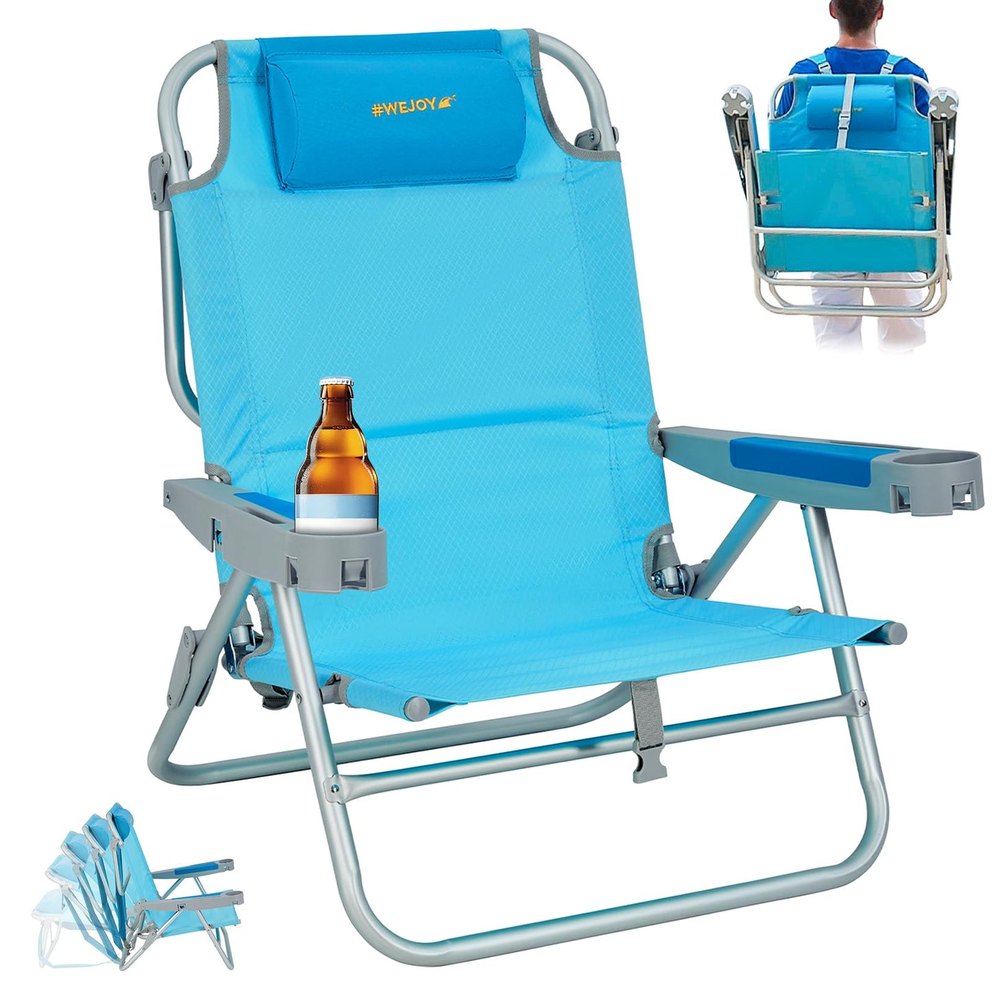 #WEJOY Beach Chair for Adults, Reclining Adjustable Position, Lay Flat Lightweight Folding Portable Aluminum Chair with Backpack Straps,Padded headrest, Heavy Duty 400 lbs Lawn Chair for Beach, Sand