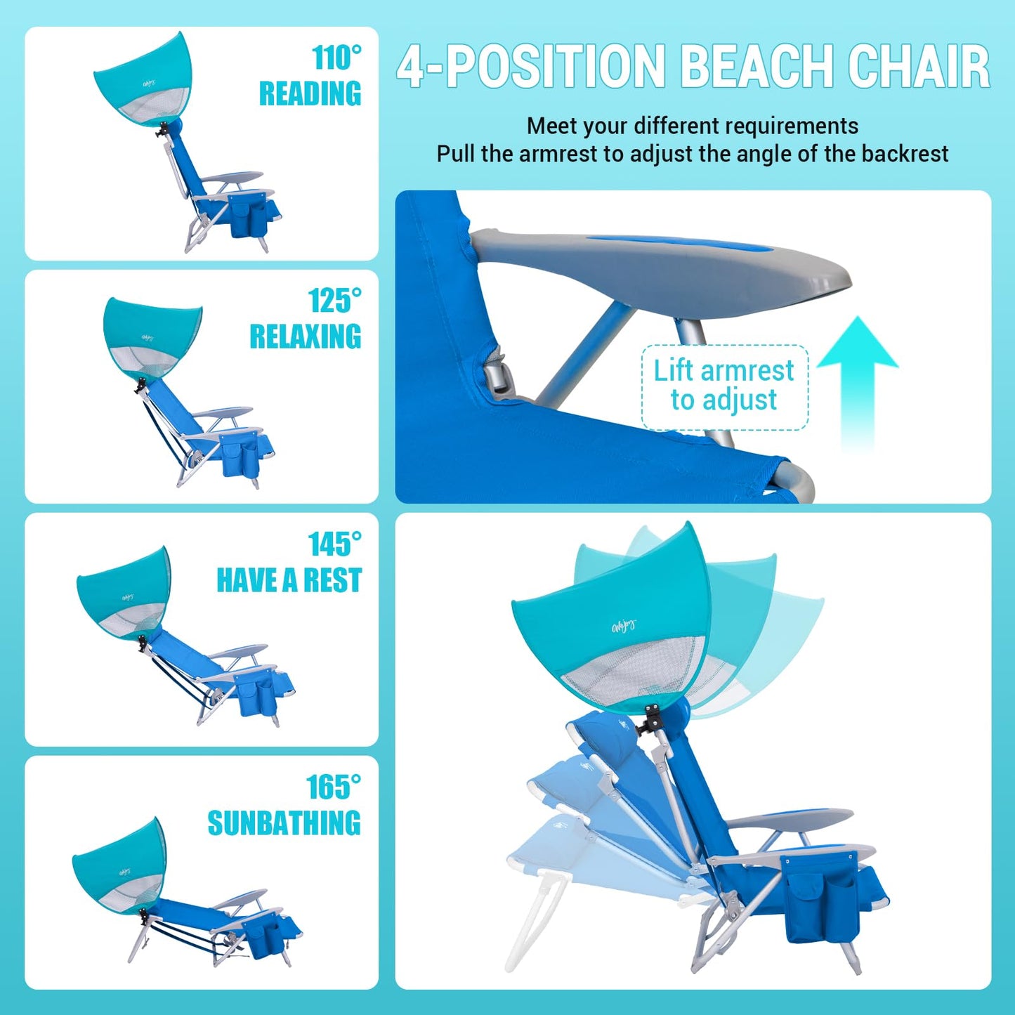 #WEJOY Beach Chair for Adults, Reclining Adjustable Position, Lay Flat Lightweight Folding Portable Aluminum Chair with Backpack Straps,Padded headrest, Heavy Duty 400 lbs Lawn Chair for Beach, Sand