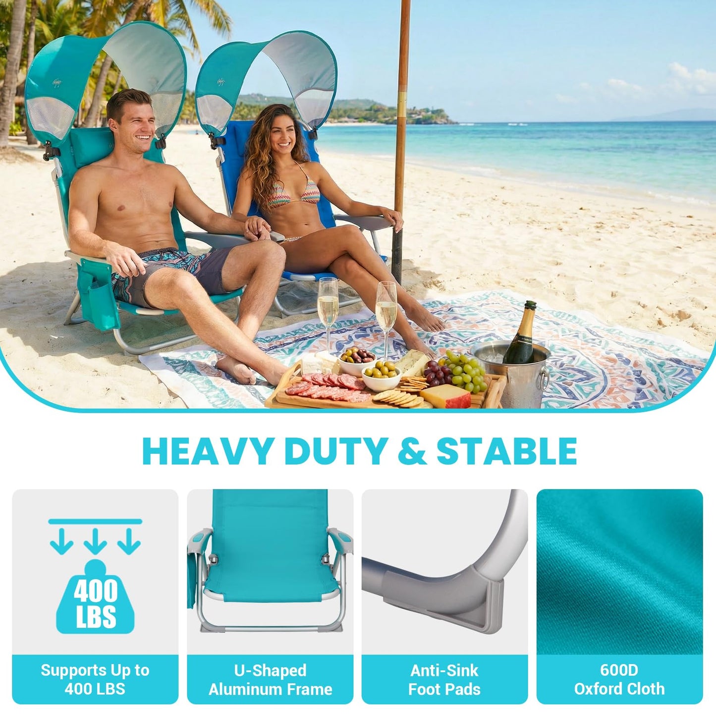 #WEJOY Beach Chair for Adults, Reclining Adjustable Position, Lay Flat Lightweight Folding Portable Aluminum Chair with Backpack Straps,Padded headrest, Heavy Duty 400 lbs Lawn Chair for Beach, Sand