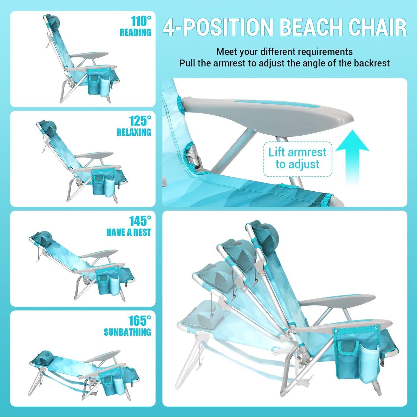#WEJOY Beach Chair for Adults, Reclining Adjustable Position, Lay Flat Lightweight Folding Portable Aluminum Chair with Backpack Straps,Padded headrest, Heavy Duty 400 lbs Lawn Chair for Beach, Sand