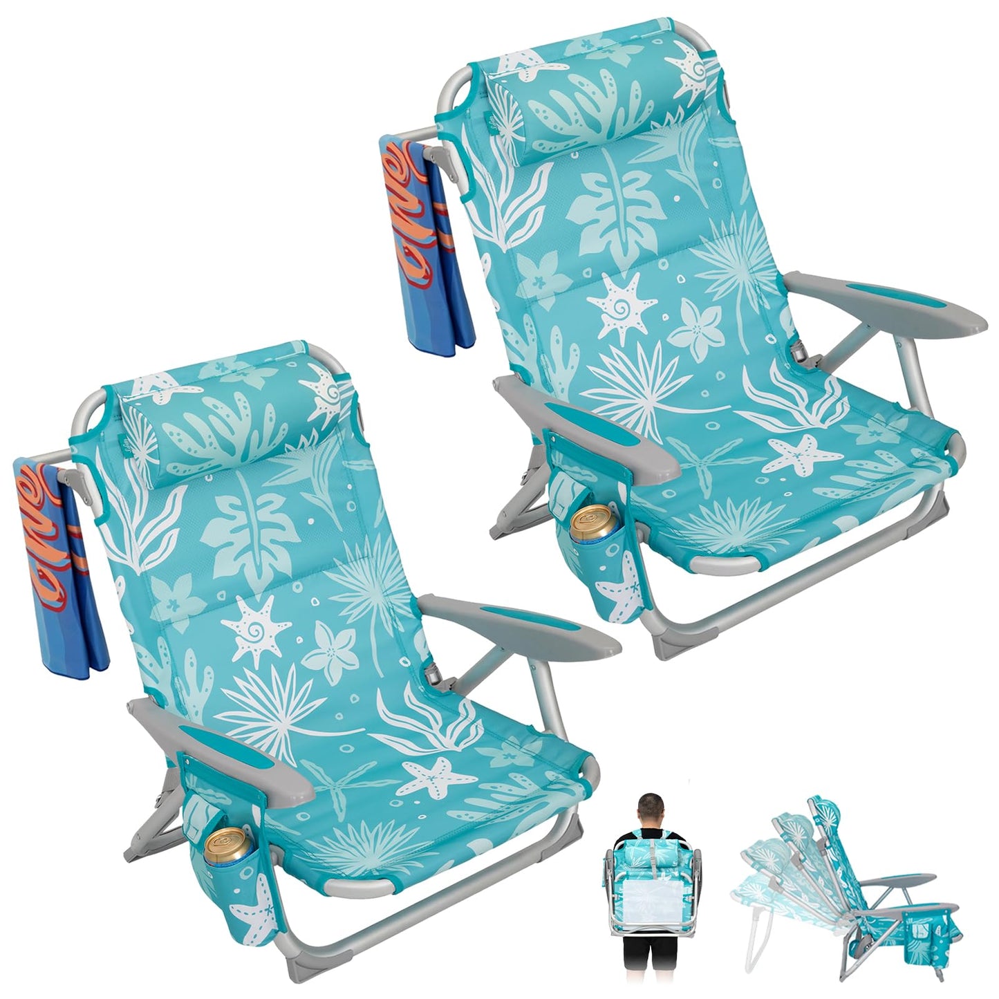 #WEJOY Beach Chair for Adults, Reclining Adjustable Position, Lay Flat Lightweight Folding Portable Aluminum Chair with Backpack Straps,Padded headrest, Heavy Duty 400 lbs Lawn Chair for Beach, Sand