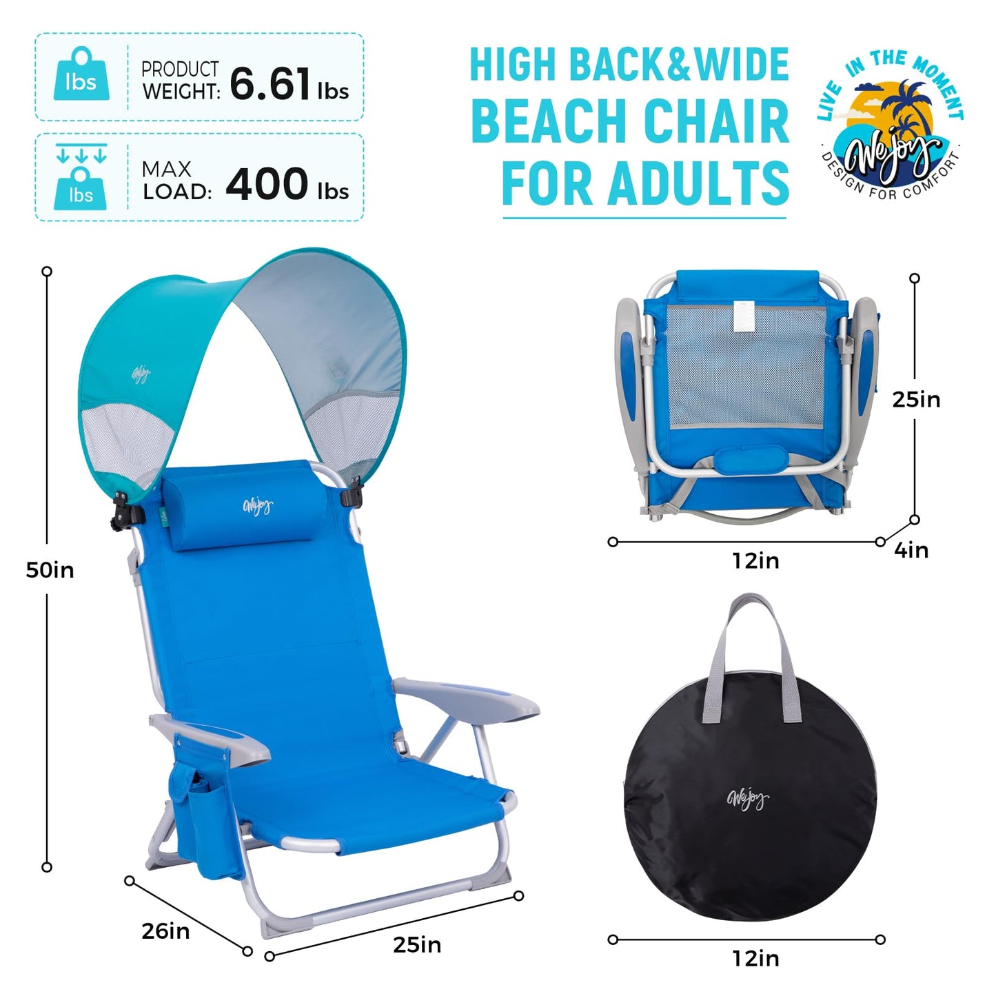 #WEJOY Beach Chair for Adults, Reclining Adjustable Position, Lay Flat Lightweight Folding Portable Aluminum Chair with Backpack Straps,Padded headrest, Heavy Duty 400 lbs Lawn Chair for Beach, Sand