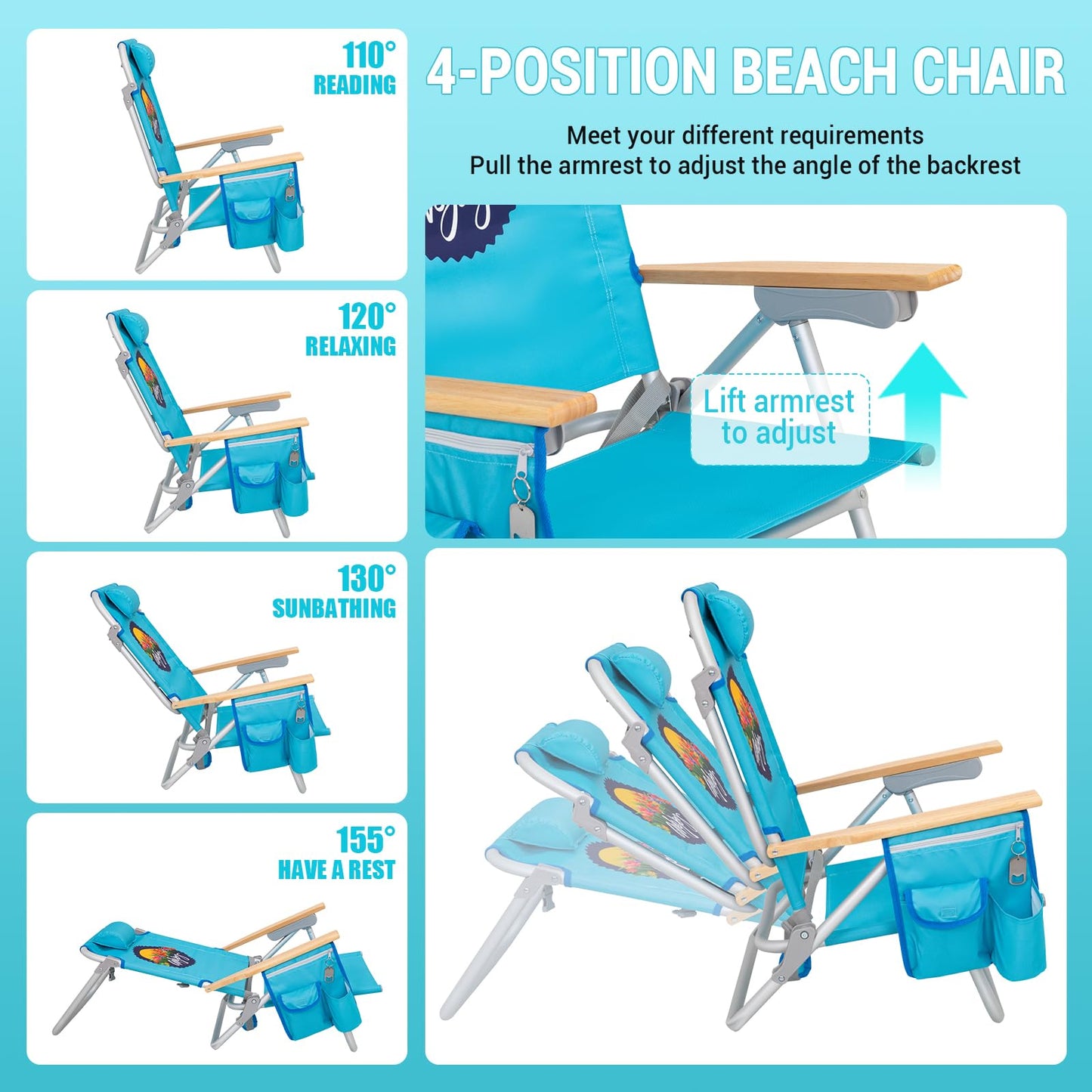 #WEJOY Beach Chair for Adults, Reclining Adjustable Position, Lay Flat Lightweight Folding Portable Aluminum Chair with Backpack Straps,Padded headrest, Heavy Duty 400 lbs Lawn Chair for Beach, Sand