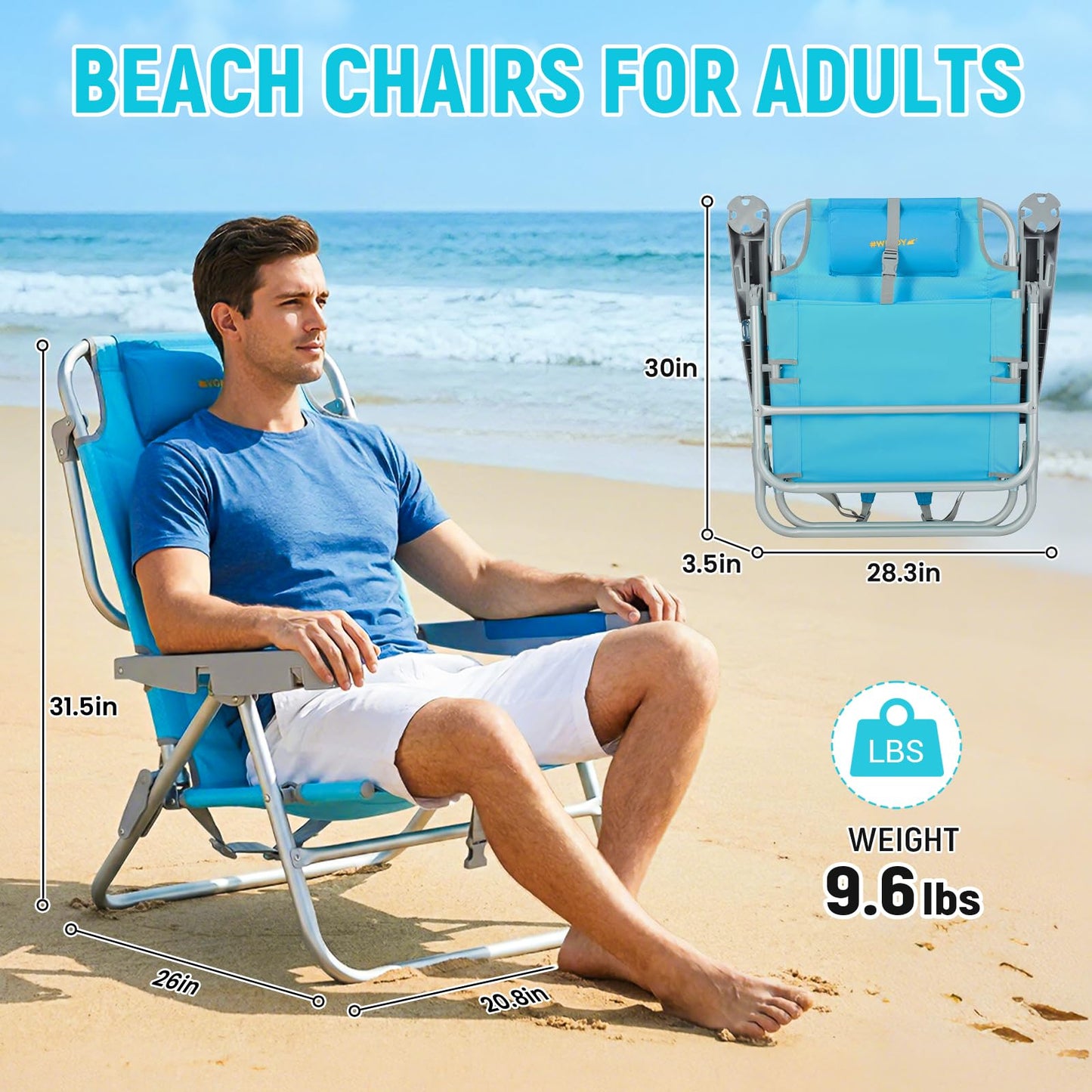 #WEJOY Beach Chair for Adults, Reclining Adjustable Position, Lay Flat Lightweight Folding Portable Aluminum Chair with Backpack Straps,Padded headrest, Heavy Duty 400 lbs Lawn Chair for Beach, Sand