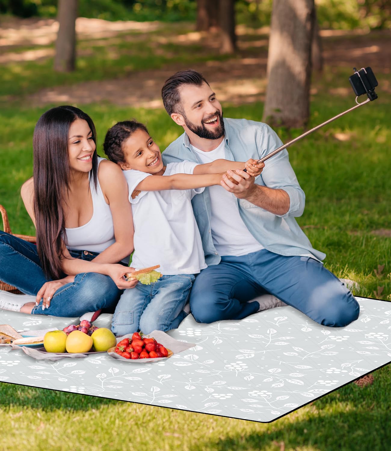 Picnic Blankets 79"x79" Extra Large Outdoor Blanket Beach Blanket Waterproof SandProof Picnic Mat Washable Foldable Portable for Grass Lawn Beach Camping (White with Flowers)