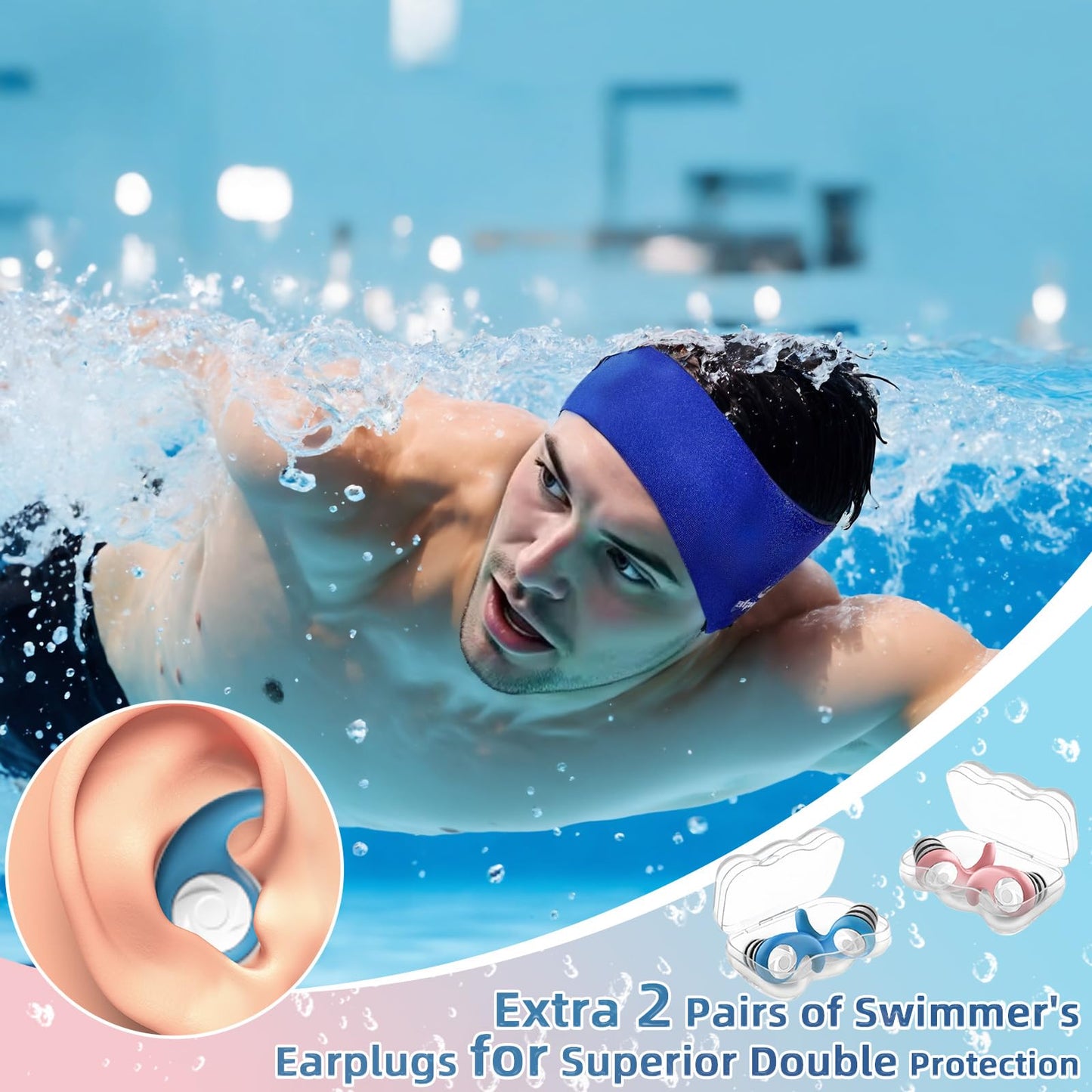 Swimming Headband for Kids - 2 Pairs Waterproof Ear Plugs & Adjustable Swim Ear Band,Keep Water Out and Hold Earplugs in - Water Headband for Surfing, Diving, Pool, Showering, and Beach