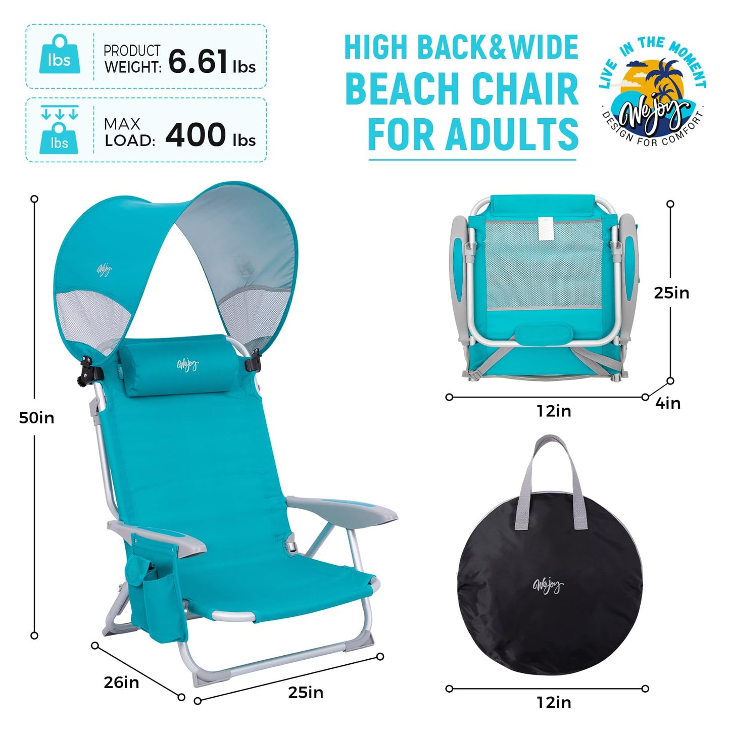 #WEJOY Beach Chair for Adults, Reclining Adjustable Position, Lay Flat Lightweight Folding Portable Aluminum Chair with Backpack Straps,Padded headrest, Heavy Duty 400 lbs Lawn Chair for Beach, Sand