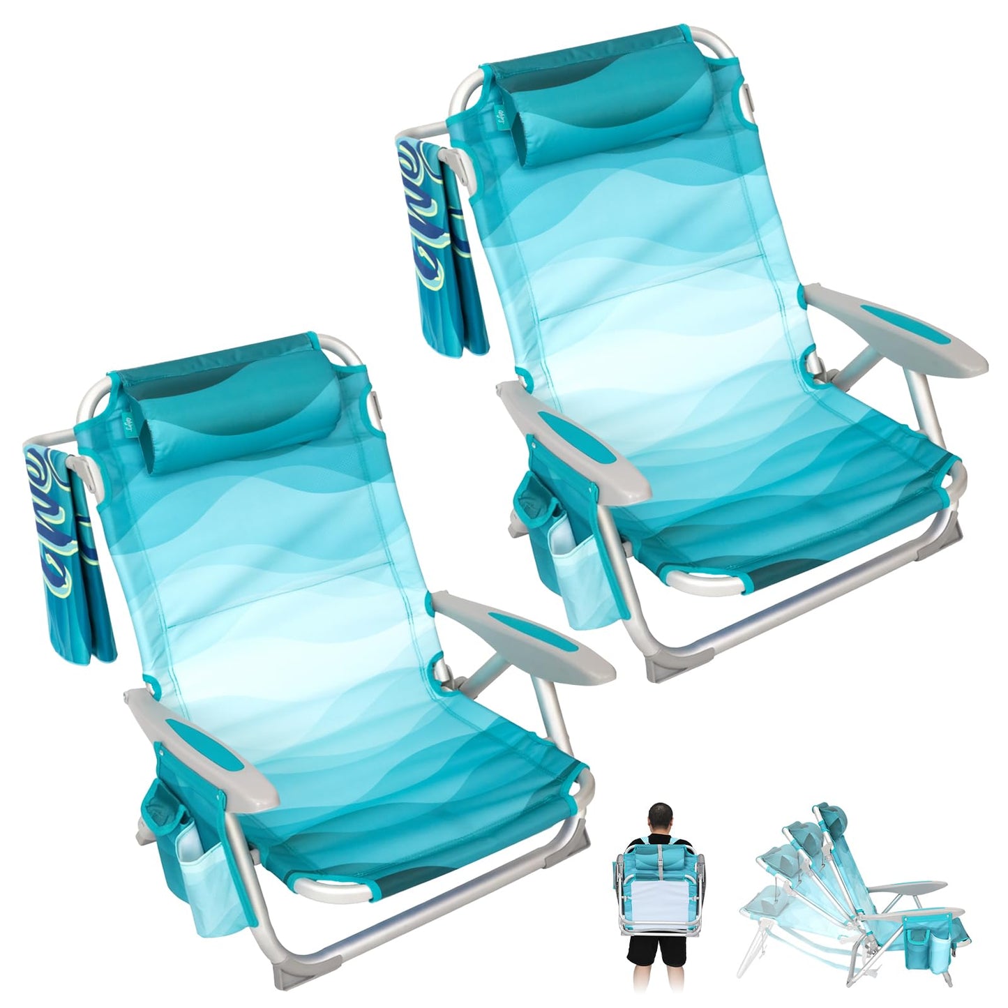 #WEJOY Beach Chair for Adults, Reclining Adjustable Position, Lay Flat Lightweight Folding Portable Aluminum Chair with Backpack Straps,Padded headrest, Heavy Duty 400 lbs Lawn Chair for Beach, Sand
