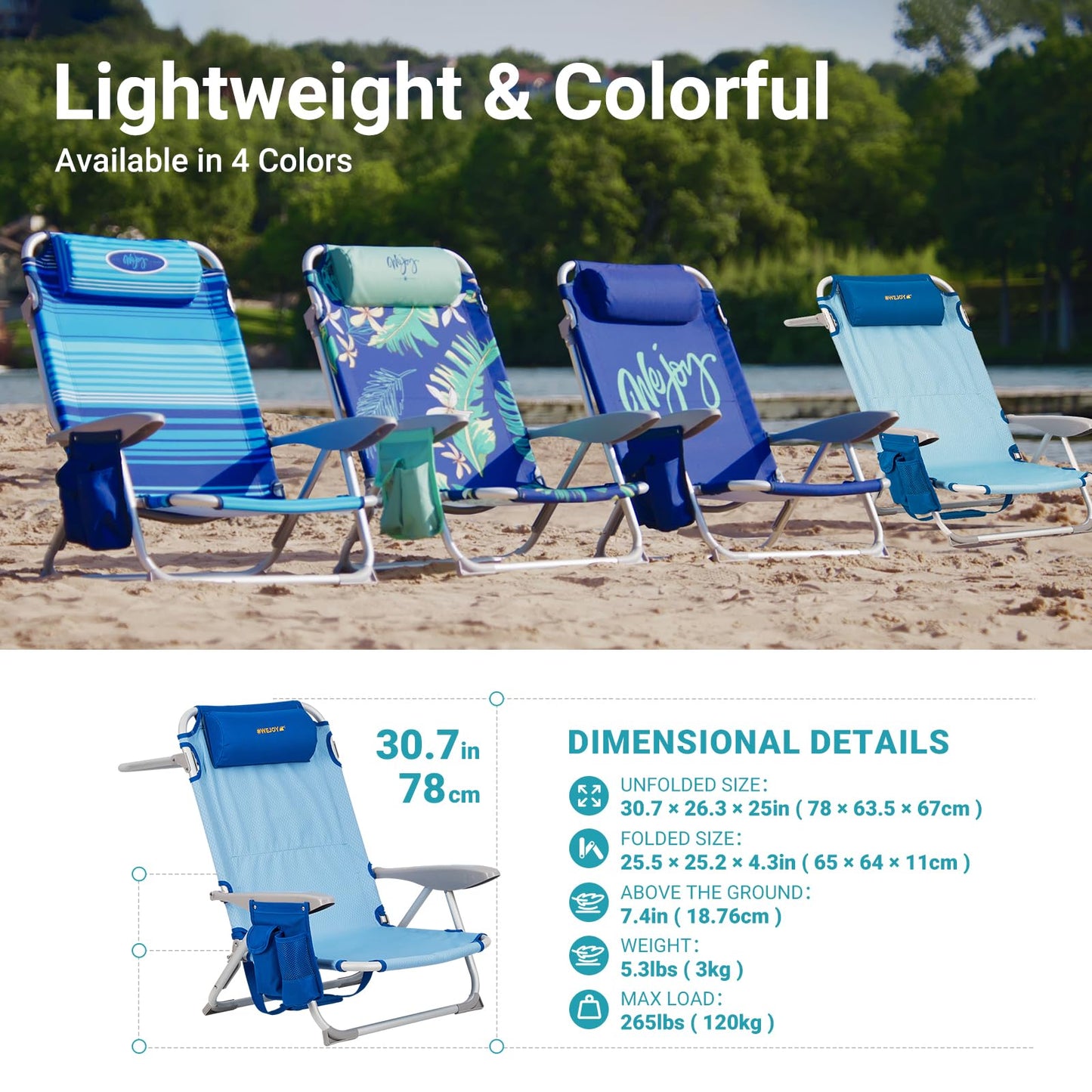 #WEJOY Beach Chair for Adults, Reclining Adjustable Position, Lay Flat Lightweight Folding Portable Aluminum Chair with Backpack Straps,Padded headrest, Heavy Duty 400 lbs Lawn Chair for Beach, Sand