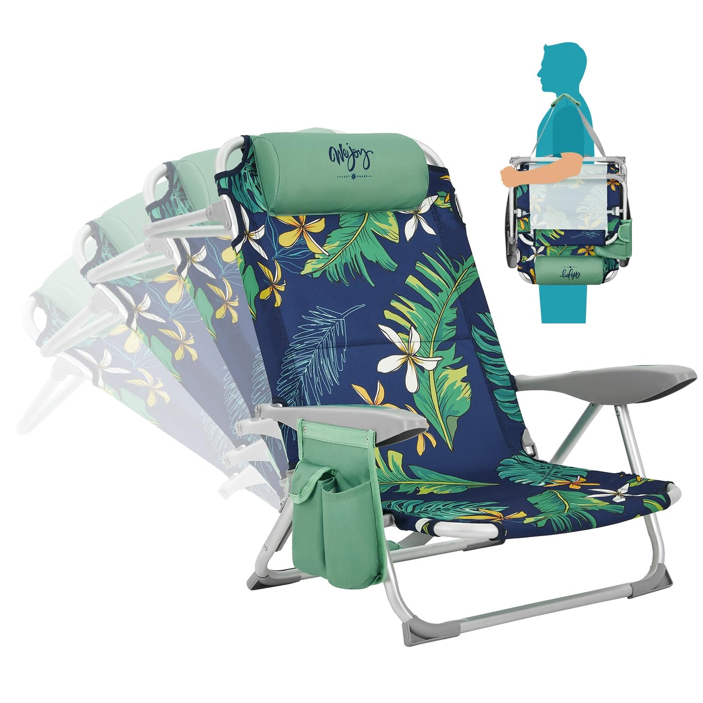 #WEJOY Beach Chair for Adults, Reclining Adjustable Position, Lay Flat Lightweight Folding Portable Aluminum Chair with Backpack Straps,Padded headrest, Heavy Duty 400 lbs Lawn Chair for Beach, Sand