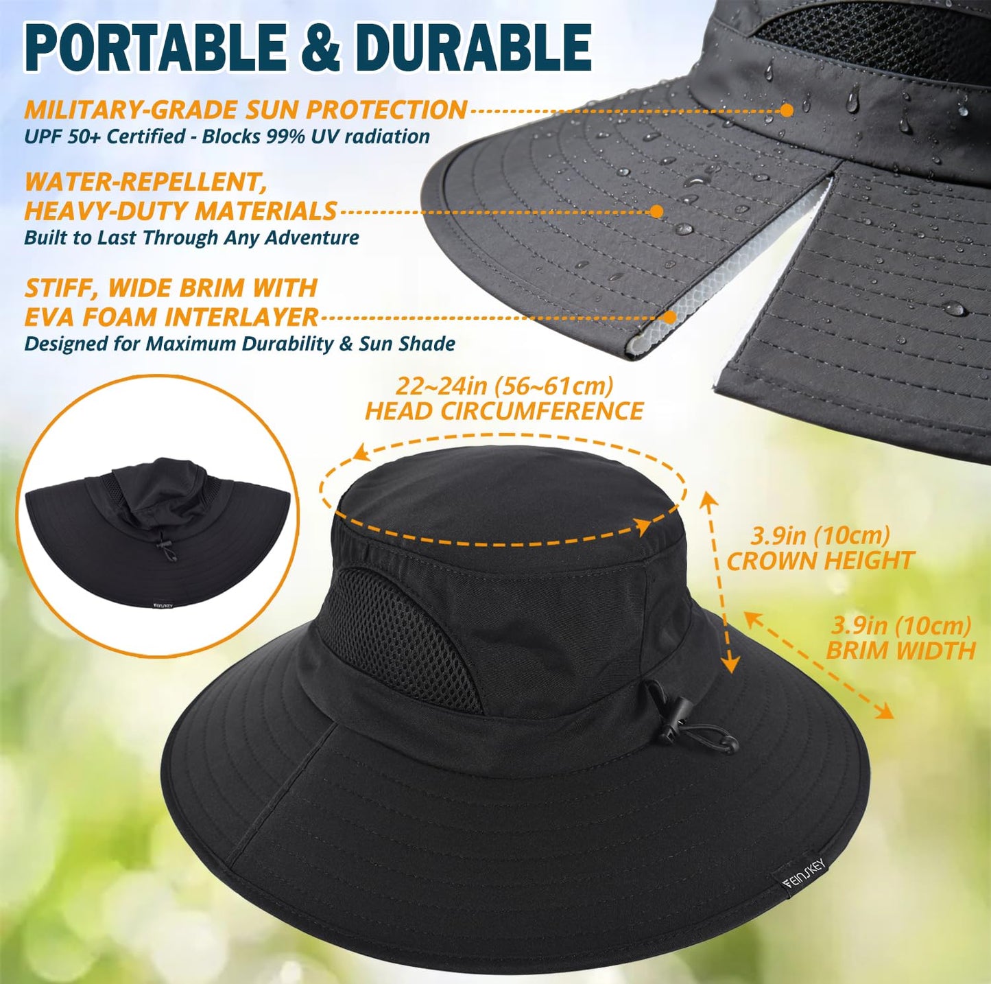 EINSKEY Wide Brim Sun Hat, UPF 50+ UV Protection Waterproof Packable Bucket Hat for Men & Women, Fishing Hiking Beach Garden