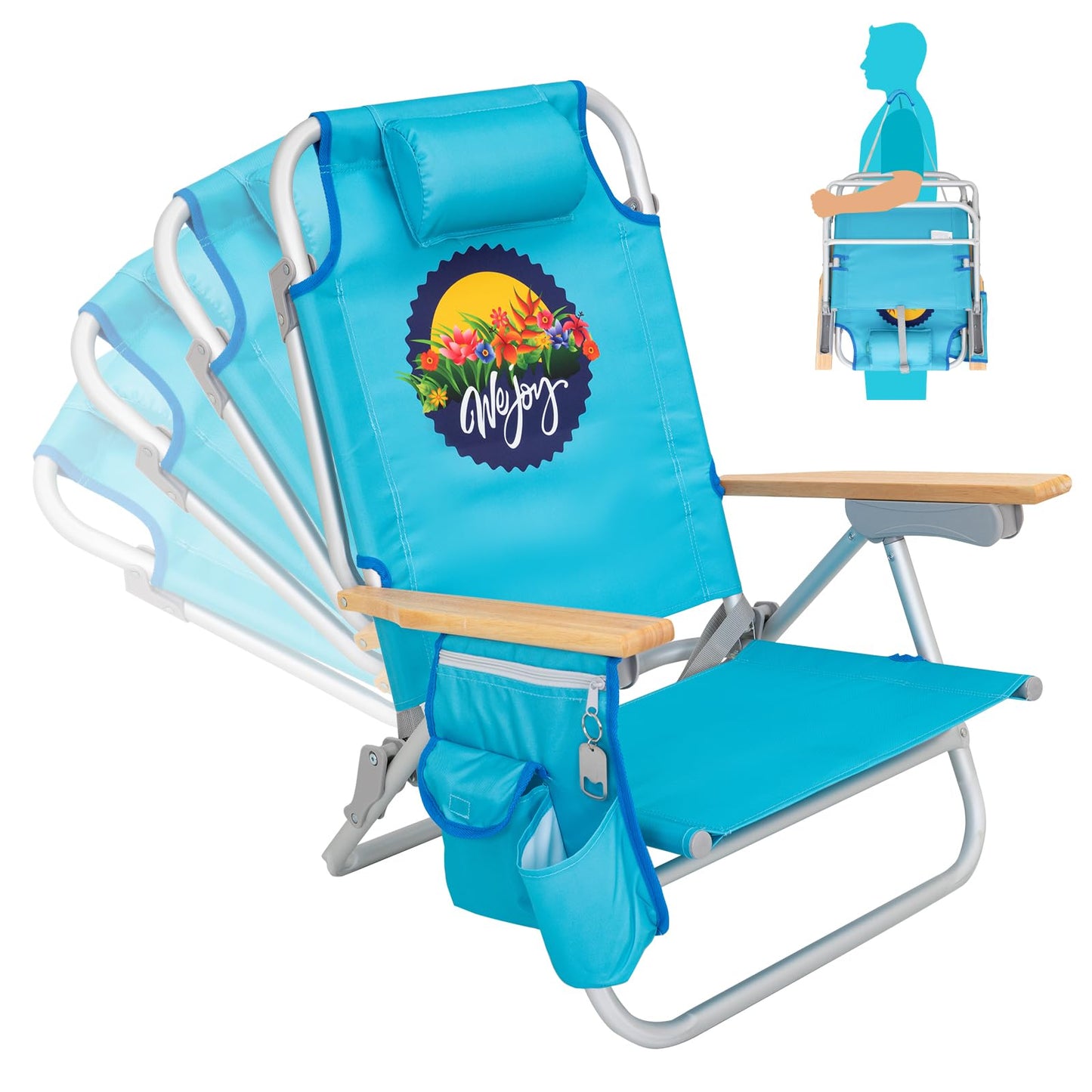 #WEJOY Beach Chair for Adults, Reclining Adjustable Position, Lay Flat Lightweight Folding Portable Aluminum Chair with Backpack Straps,Padded headrest, Heavy Duty 400 lbs Lawn Chair for Beach, Sand