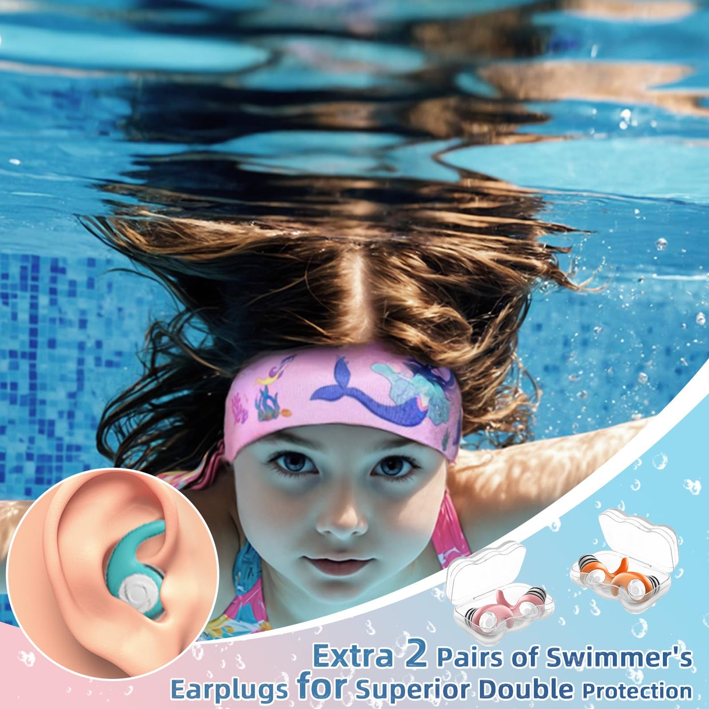 Swimming Headband for Kids - 2 Pairs Waterproof Ear Plugs & Adjustable Swim Ear Band,Keep Water Out and Hold Earplugs in - Water Headband for Surfing, Diving, Pool, Showering, and Beach