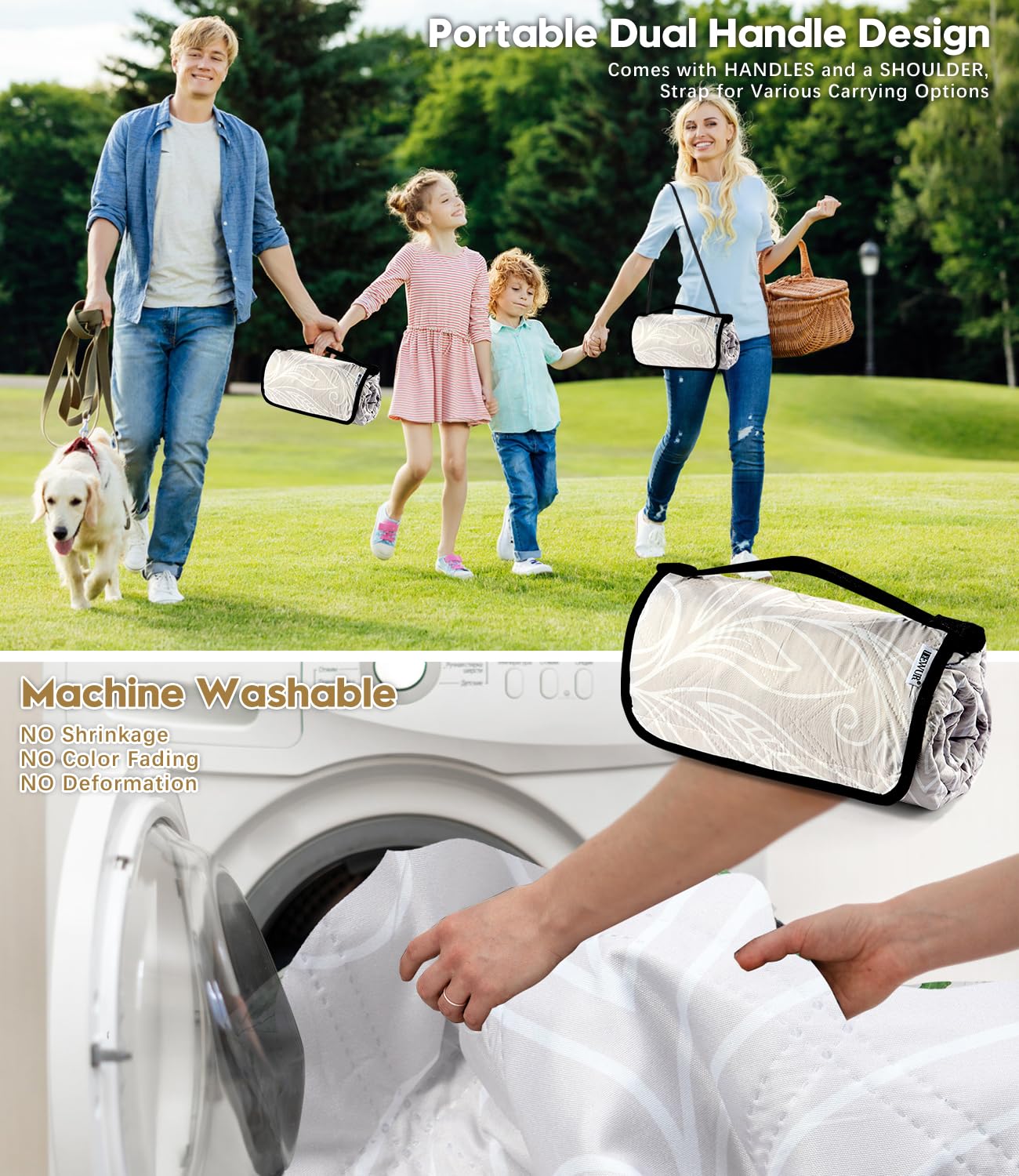 Picnic Blankets 79"x79" Extra Large Outdoor Blanket Beach Blanket Waterproof SandProof Picnic Mat Washable Foldable Portable for Grass Lawn Beach Camping (White with Flowers)