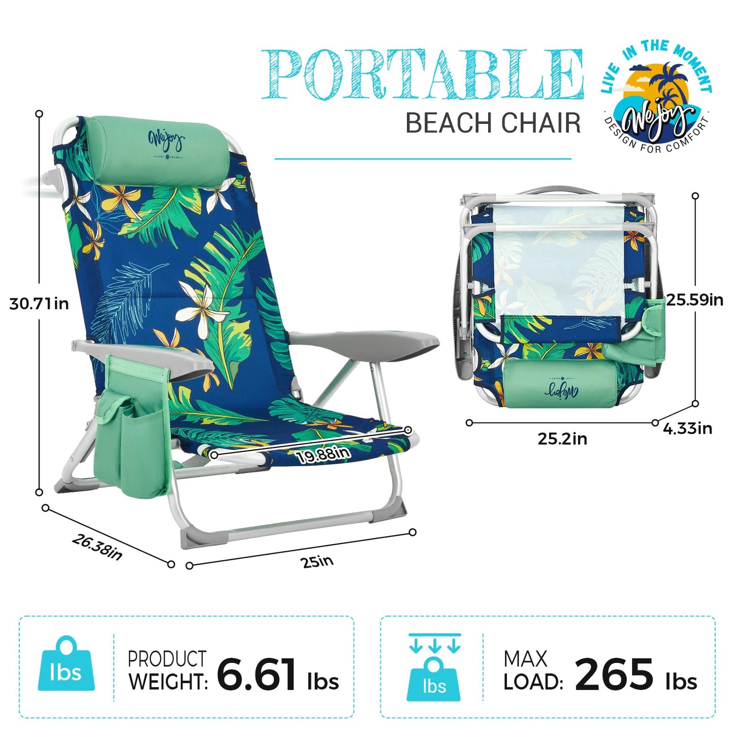 #WEJOY Beach Chair for Adults, Reclining Adjustable Position, Lay Flat Lightweight Folding Portable Aluminum Chair with Backpack Straps,Padded headrest, Heavy Duty 400 lbs Lawn Chair for Beach, Sand