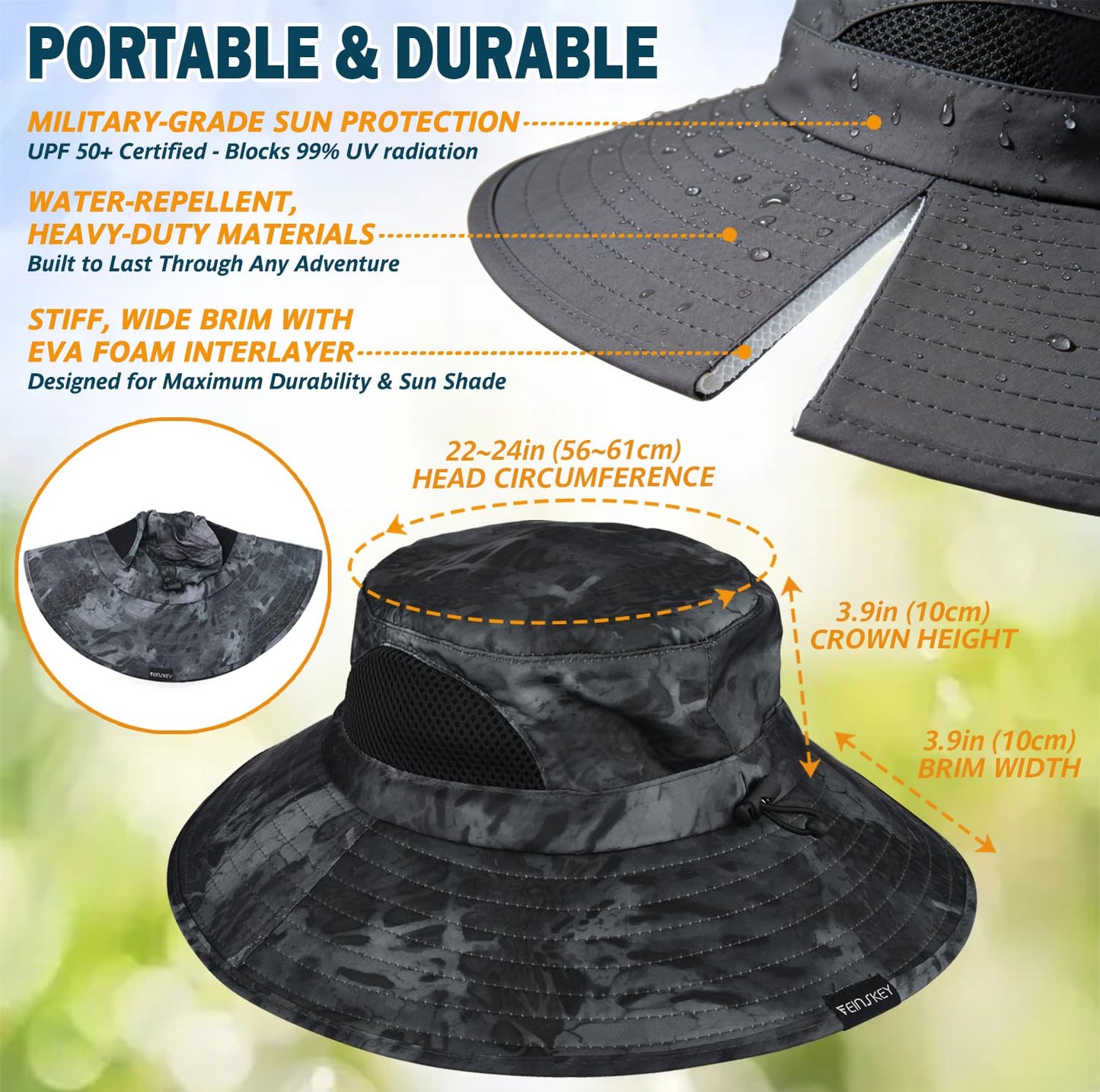 EINSKEY Wide Brim Sun Hat, UPF 50+ UV Protection Waterproof Packable Bucket Hat for Men & Women, Fishing Hiking Beach Garden