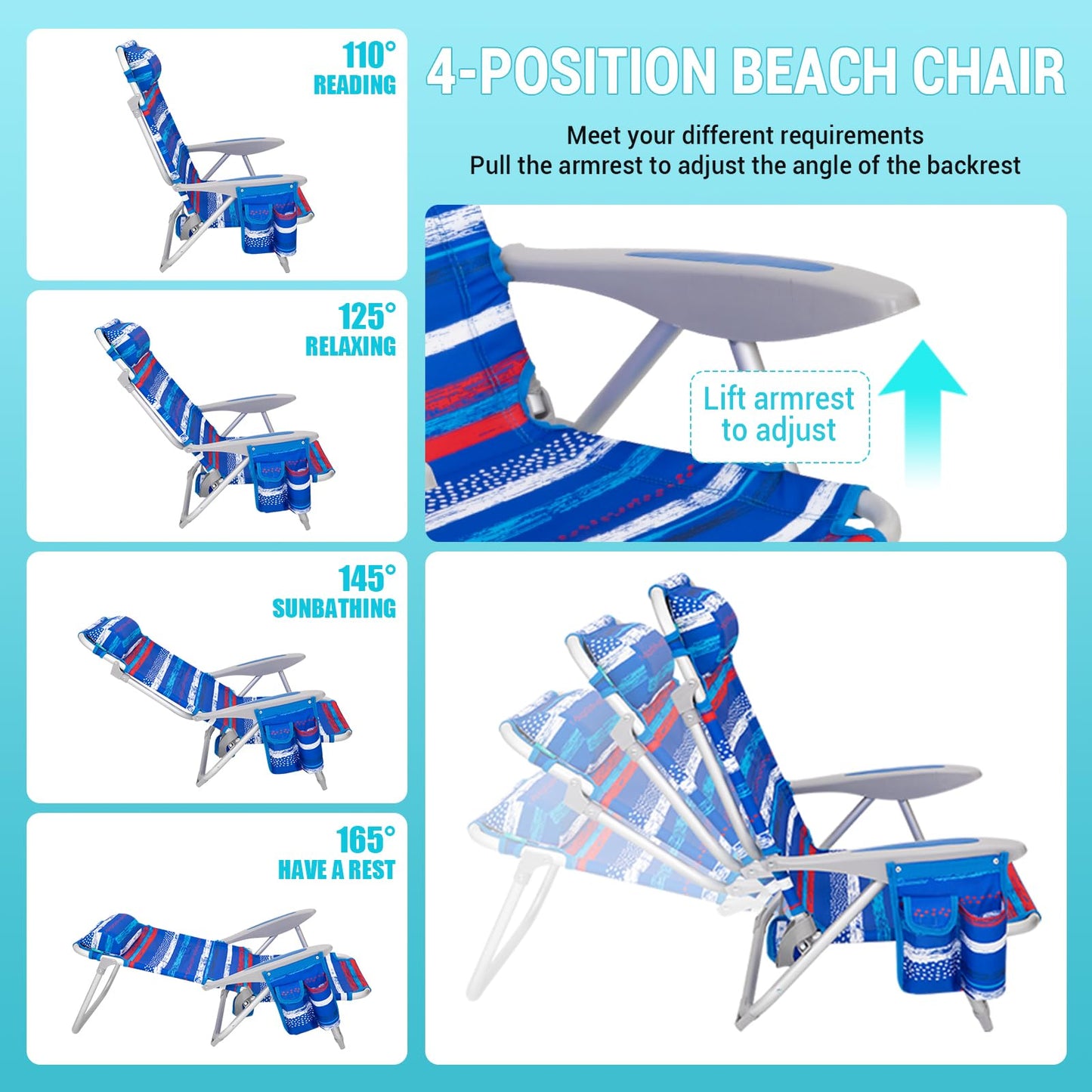 #WEJOY Beach Chair for Adults, Reclining Adjustable Position, Lay Flat Lightweight Folding Portable Aluminum Chair with Backpack Straps,Padded headrest, Heavy Duty 400 lbs Lawn Chair for Beach, Sand