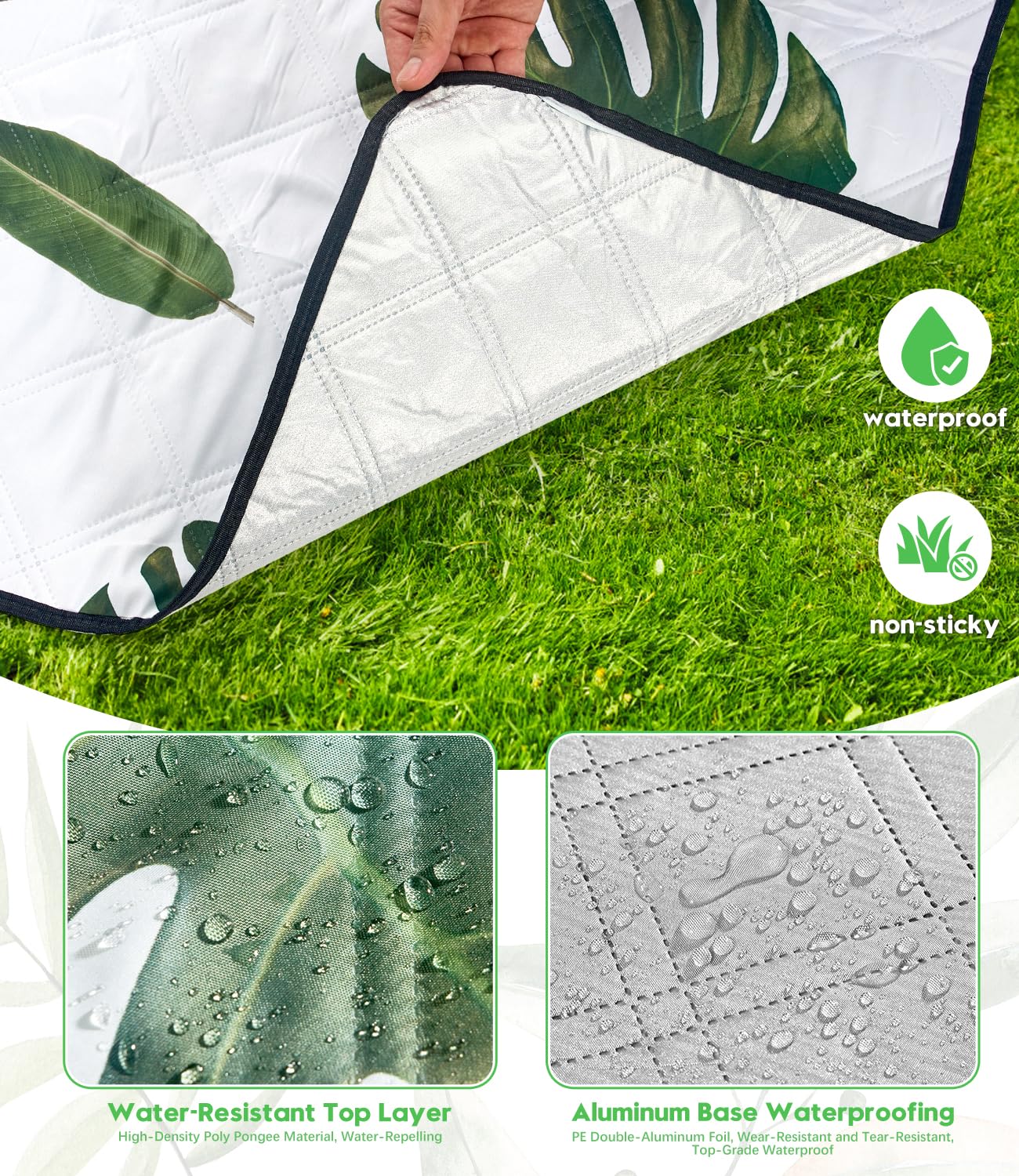 Picnic Blankets 79"x79" Extra Large Outdoor Blanket Beach Blanket Waterproof SandProof Picnic Mat Washable Foldable Portable for Grass Lawn Beach Camping (White with Flowers)