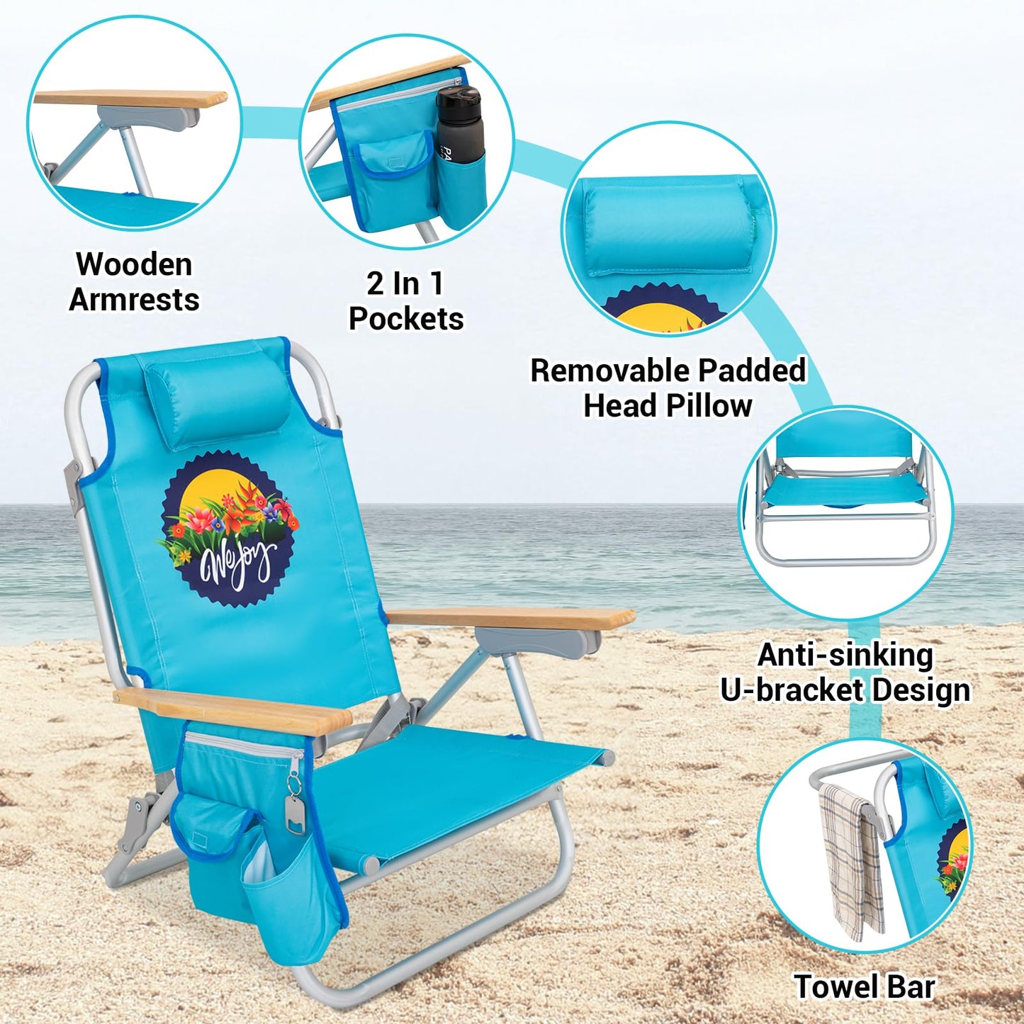 #WEJOY Beach Chair for Adults, Reclining Adjustable Position, Lay Flat Lightweight Folding Portable Aluminum Chair with Backpack Straps,Padded headrest, Heavy Duty 400 lbs Lawn Chair for Beach, Sand
