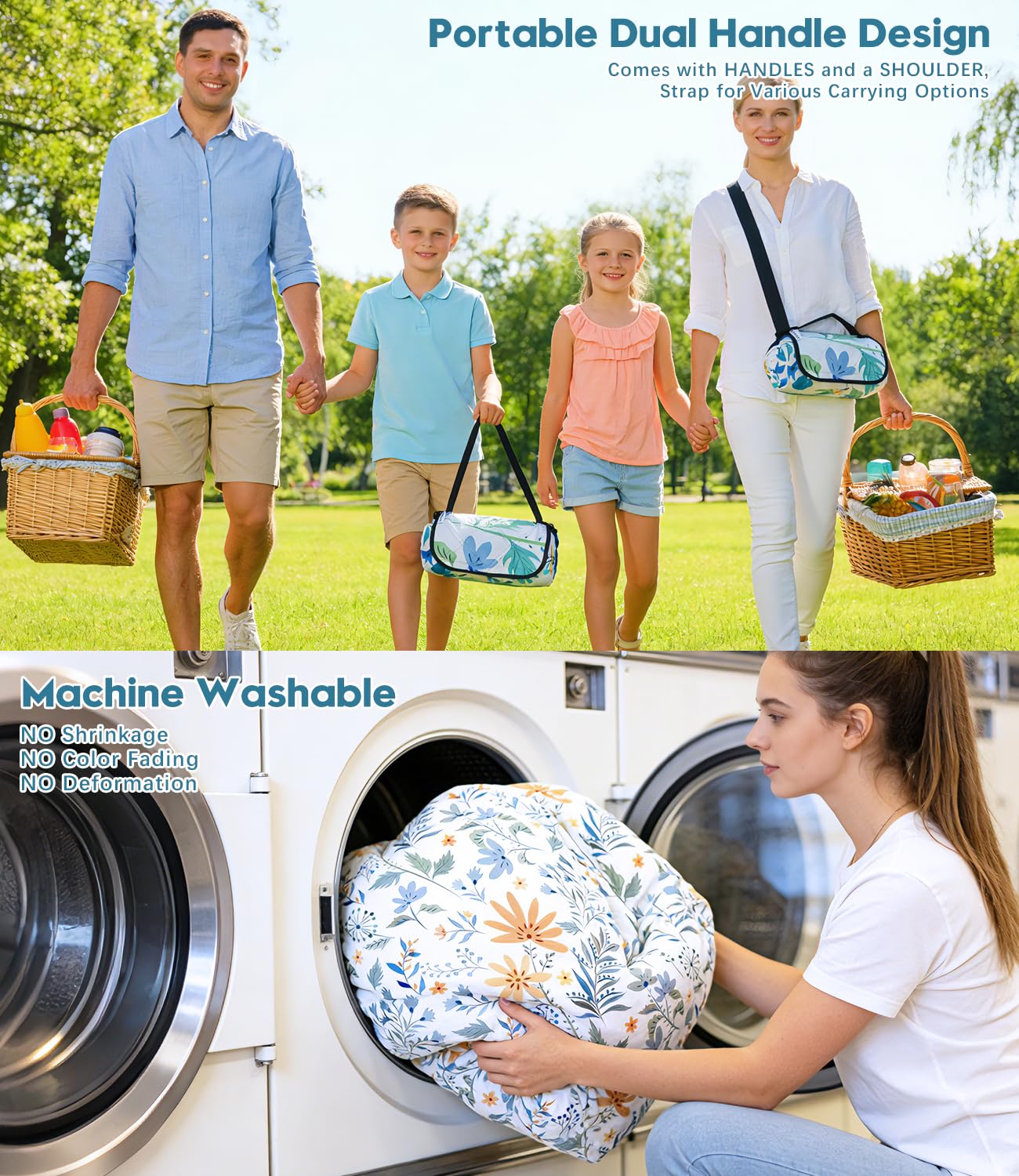 Picnic Blankets 79"x79" Extra Large Outdoor Blanket Beach Blanket Waterproof SandProof Picnic Mat Washable Foldable Portable for Grass Lawn Beach Camping (White with Flowers)