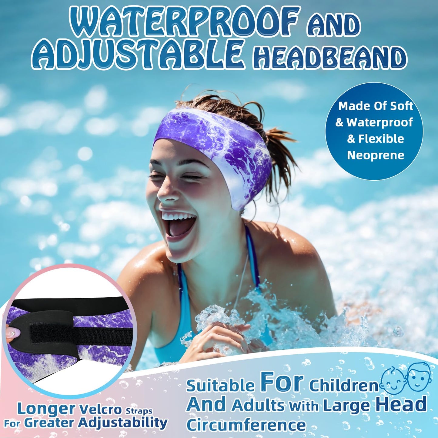 Swimming Headband for Kids - 2 Pairs Waterproof Ear Plugs & Adjustable Swim Ear Band,Keep Water Out and Hold Earplugs in - Water Headband for Surfing, Diving, Pool, Showering, and Beach