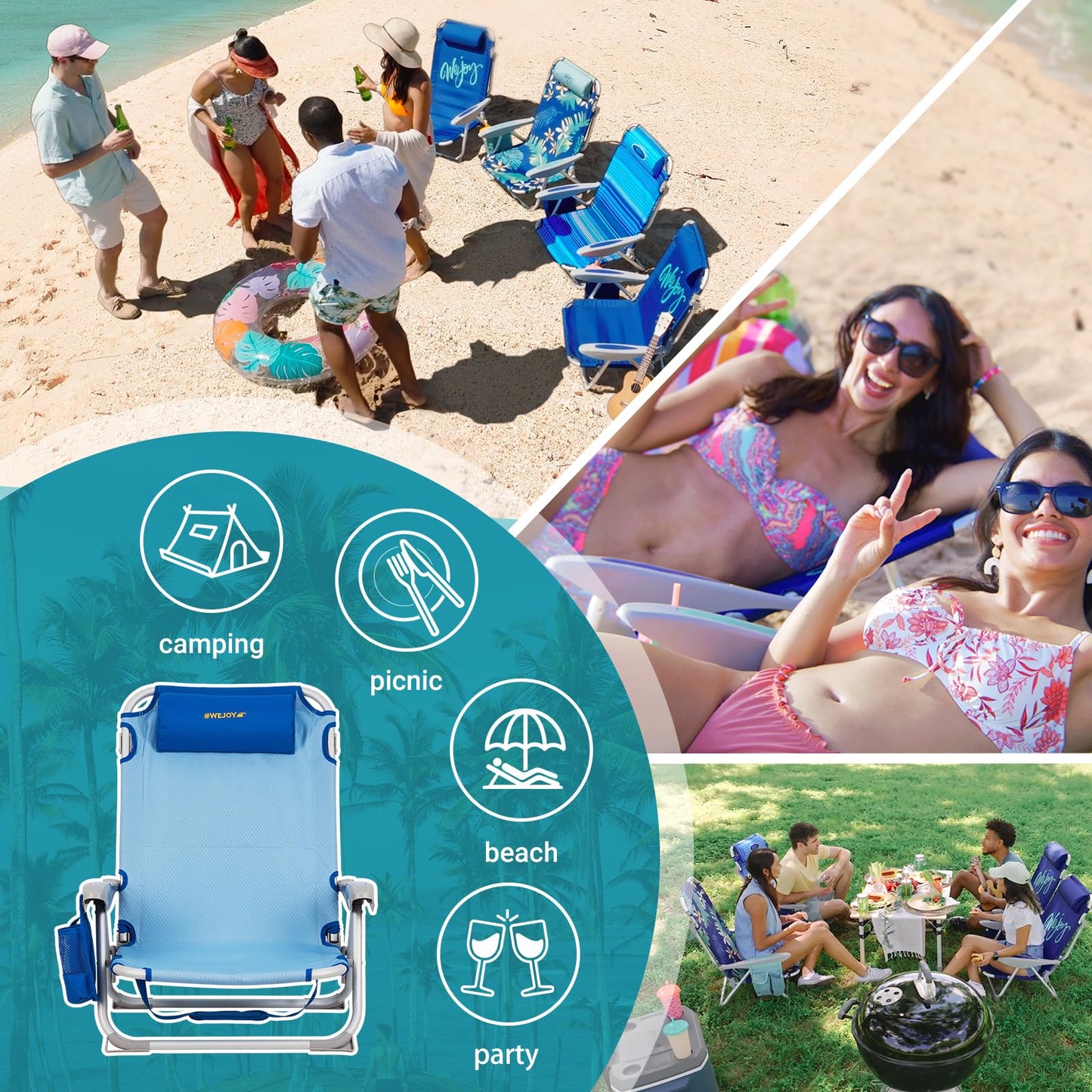 #WEJOY Beach Chair for Adults, Reclining Adjustable Position, Lay Flat Lightweight Folding Portable Aluminum Chair with Backpack Straps,Padded headrest, Heavy Duty 400 lbs Lawn Chair for Beach, Sand