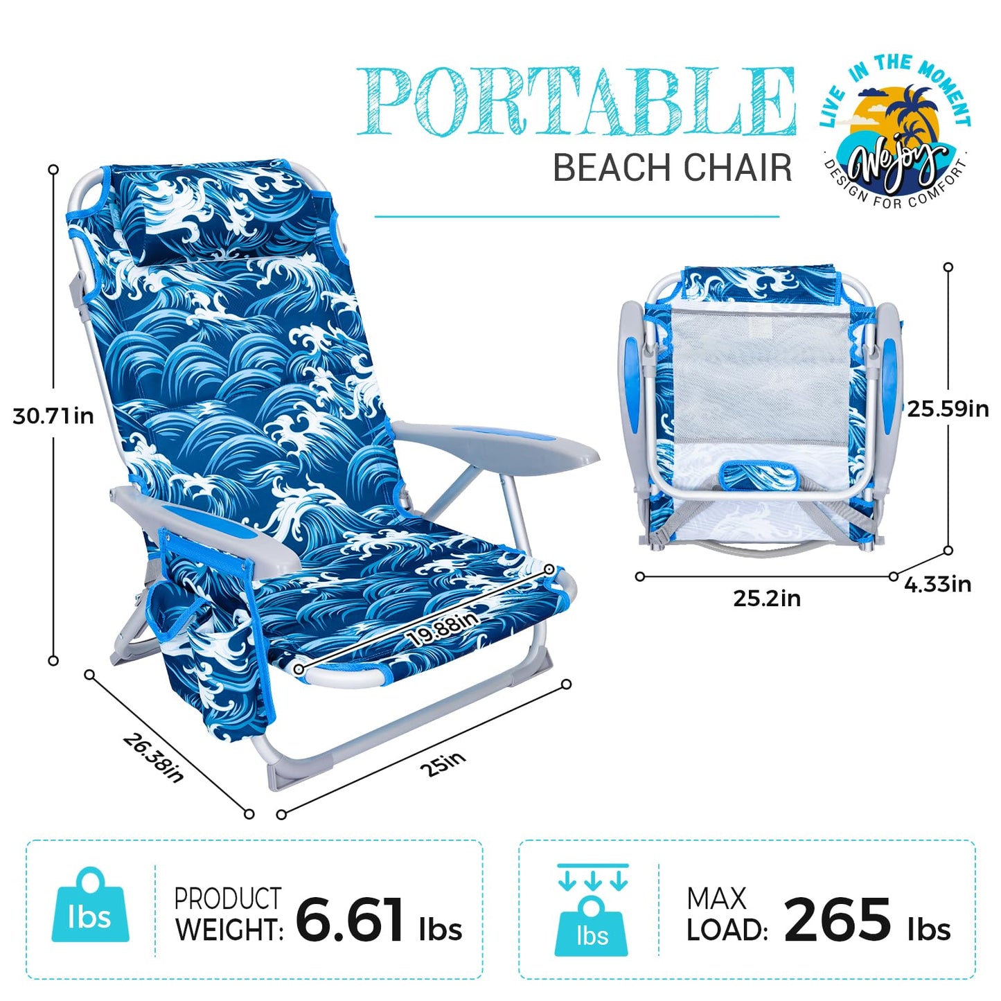 #WEJOY Beach Chair for Adults, Reclining Adjustable Position, Lay Flat Lightweight Folding Portable Aluminum Chair with Backpack Straps,Padded headrest, Heavy Duty 400 lbs Lawn Chair for Beach, Sand