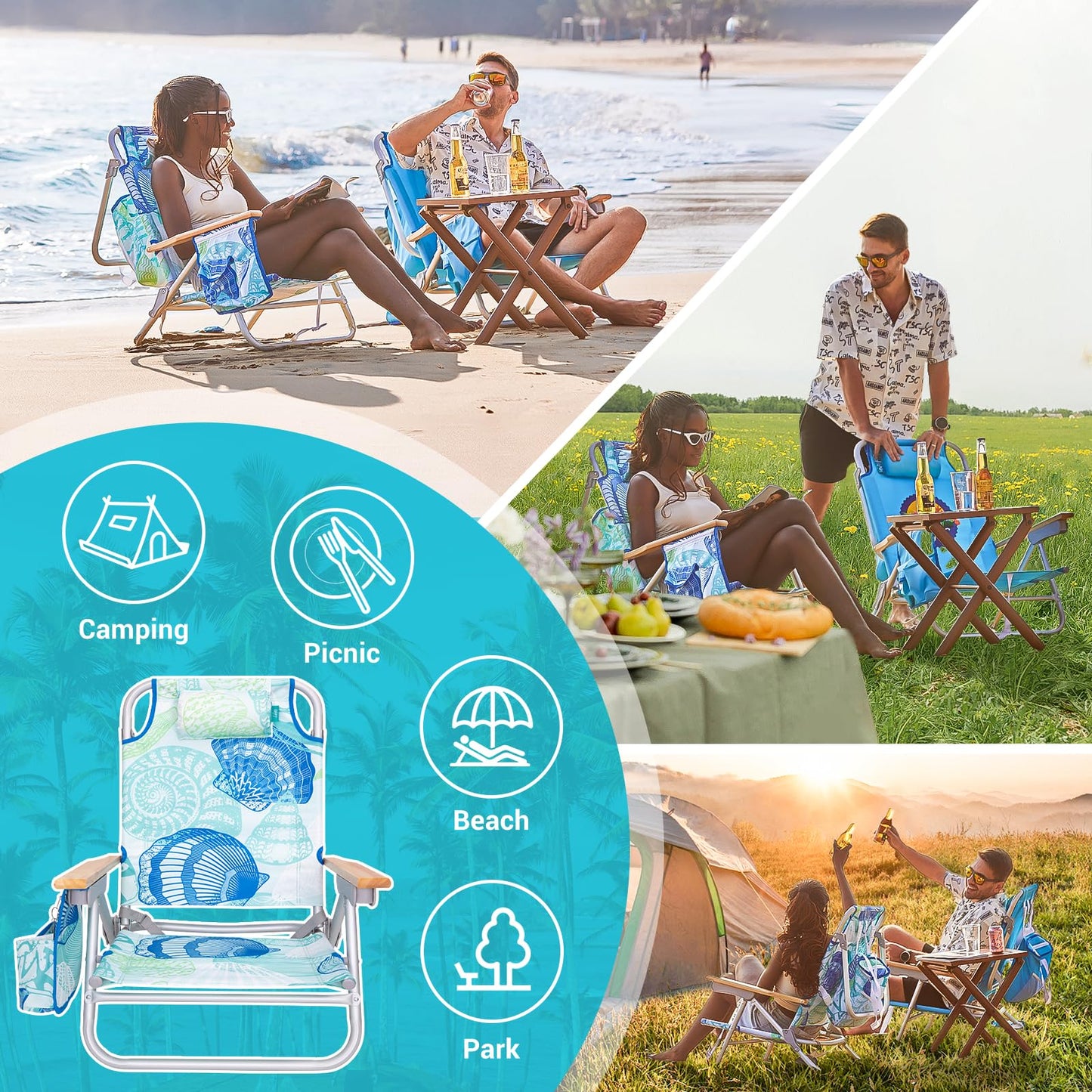 #WEJOY Beach Chair for Adults, Reclining Adjustable Position, Lay Flat Lightweight Folding Portable Aluminum Chair with Backpack Straps,Padded headrest, Heavy Duty 400 lbs Lawn Chair for Beach, Sand