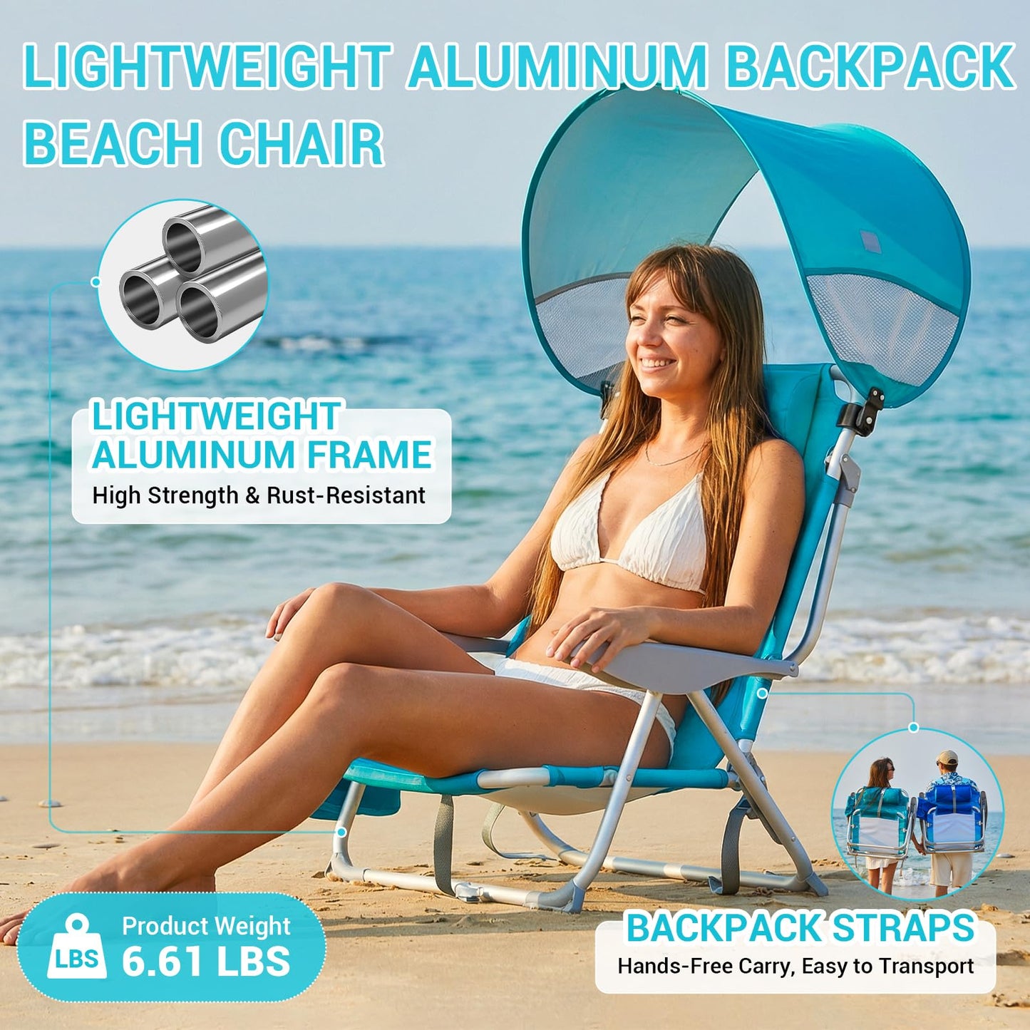 #WEJOY Beach Chair for Adults, Reclining Adjustable Position, Lay Flat Lightweight Folding Portable Aluminum Chair with Backpack Straps,Padded headrest, Heavy Duty 400 lbs Lawn Chair for Beach, Sand