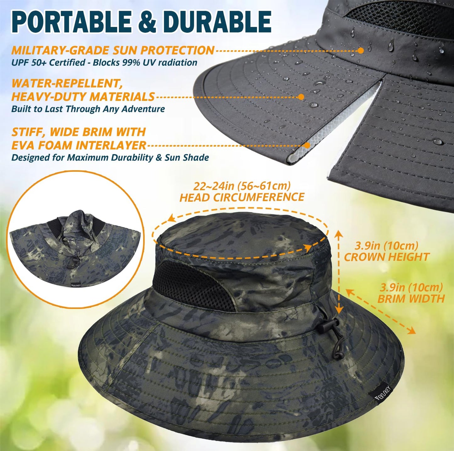 EINSKEY Wide Brim Sun Hat, UPF 50+ UV Protection Waterproof Packable Bucket Hat for Men & Women, Fishing Hiking Beach Garden