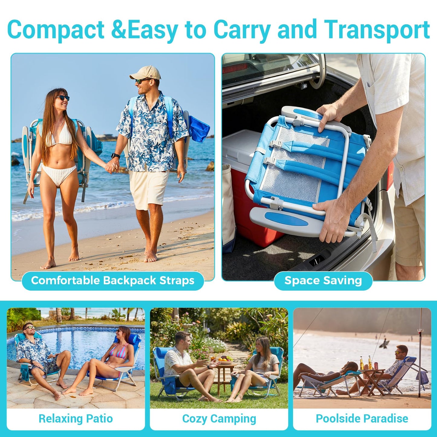 #WEJOY Beach Chair for Adults, Reclining Adjustable Position, Lay Flat Lightweight Folding Portable Aluminum Chair with Backpack Straps,Padded headrest, Heavy Duty 400 lbs Lawn Chair for Beach, Sand