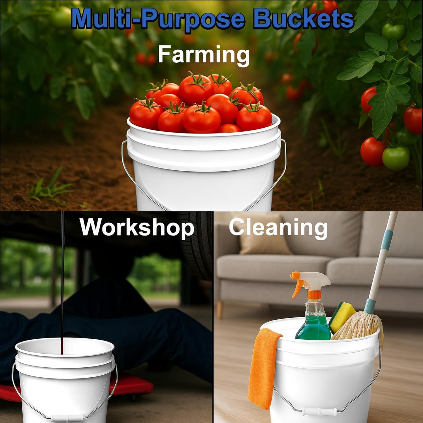 2-Gallon Bucket with Airtight Lid – Made in USA, Food Grade BPA Free Plastic, Heavy Duty Multi-Use, Metal Handle with Grip, Stackable Storage – White, 1 Pack