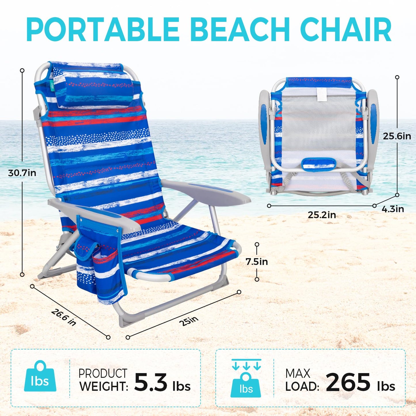 #WEJOY Beach Chair for Adults, Reclining Adjustable Position, Lay Flat Lightweight Folding Portable Aluminum Chair with Backpack Straps,Padded headrest, Heavy Duty 400 lbs Lawn Chair for Beach, Sand